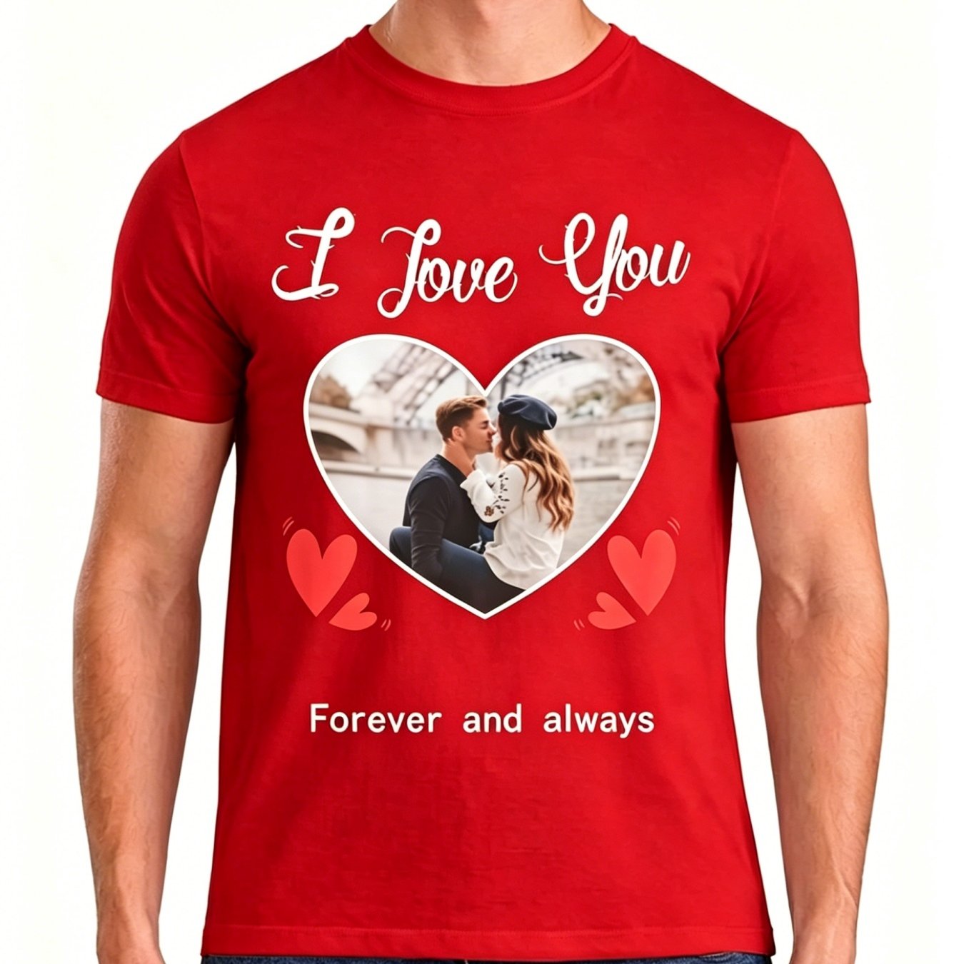 TEMU Custom Made Diy Photo Men's T-shirt Personalized Custom T-shirt Own T-shirt And Red Heart Frame Custom Couple Photo Black Short Sleeve Romantic