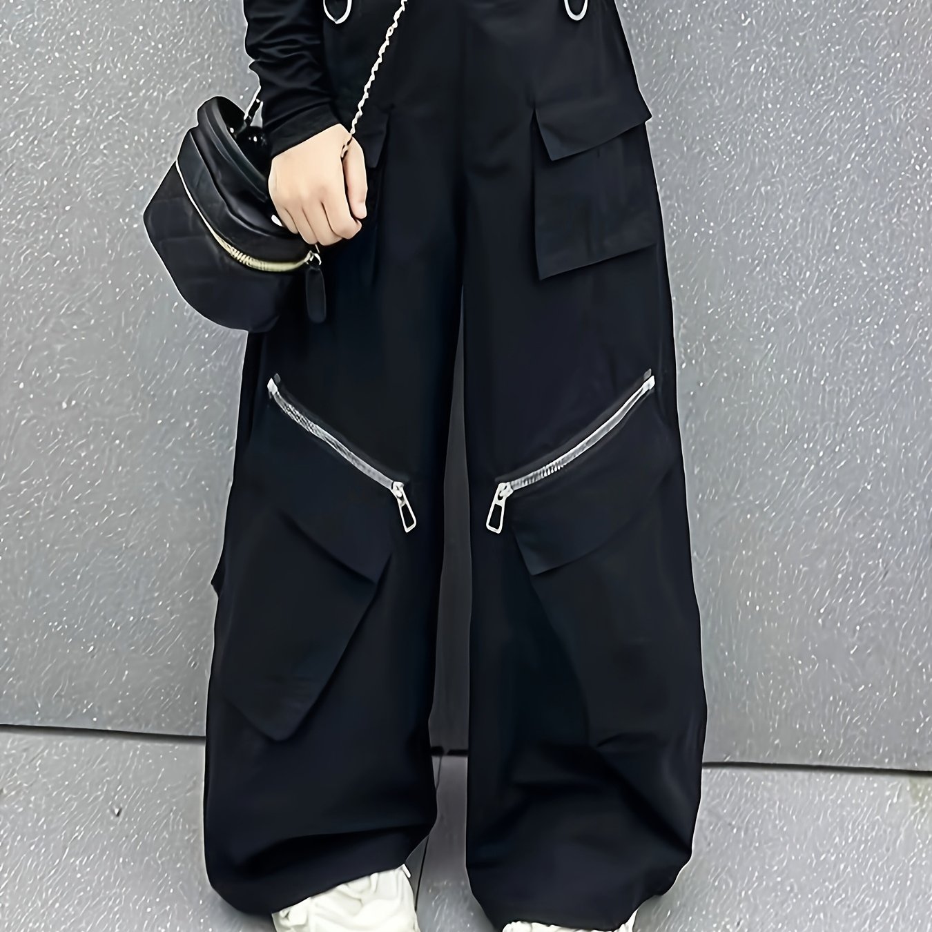 Y2k Girls' American Fashionable Cargo Pants, Side Zippers And Large Pockets, Loose Casual Trousers With Multiple Pockets, Elastic Waist, Suitable For Spring And Autumn Outdoor Activities, For Outdoor
