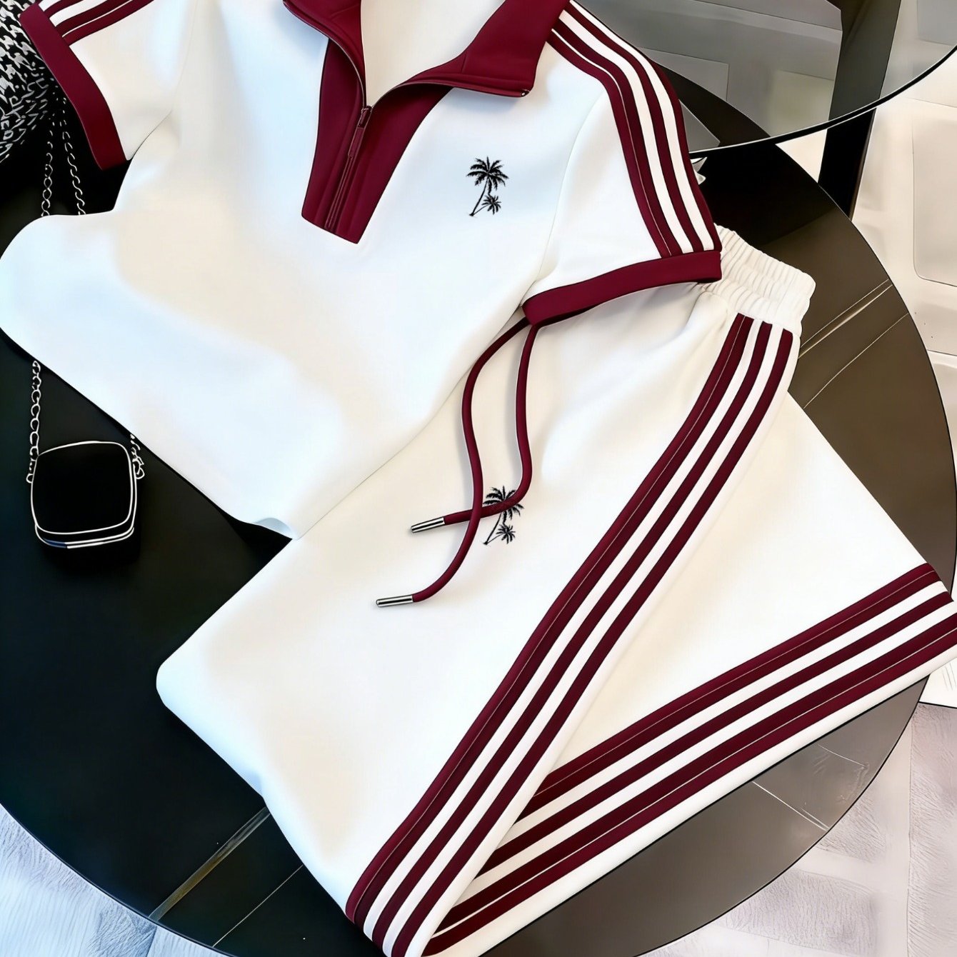2026 New Zip-up Shirt Casual Sporty Two-piece Set - Geometric Collar Zip-up Shirt And Shorts, Perfect For Daily And Holiday Gifts