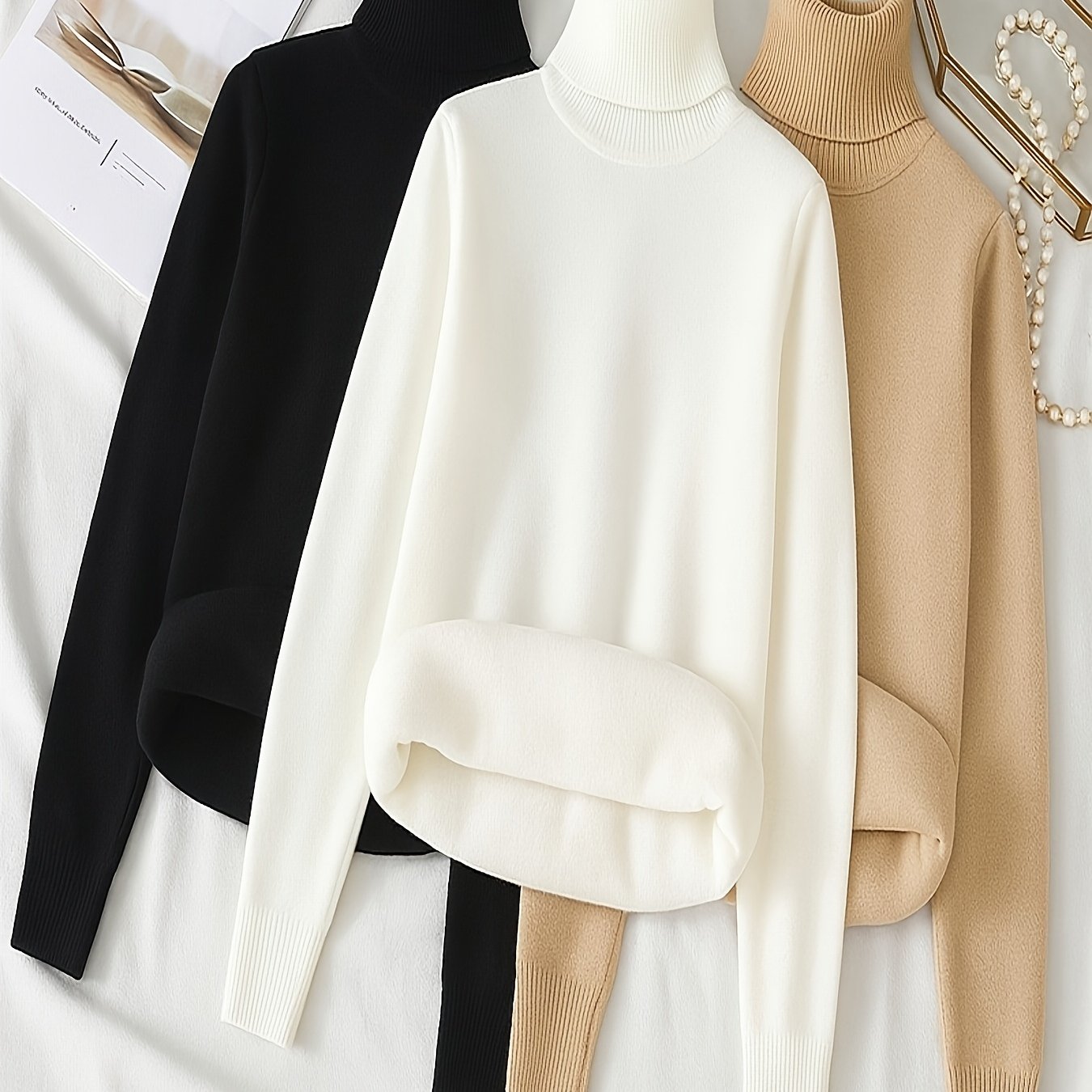 E-shop 3-teiliges Set, Damen-Modepullover mit hohem Stehkragen, gefüttert verdickt, Damenbekleidung, Herbst/Winter-Basisschicht-Pullover, verdickter
