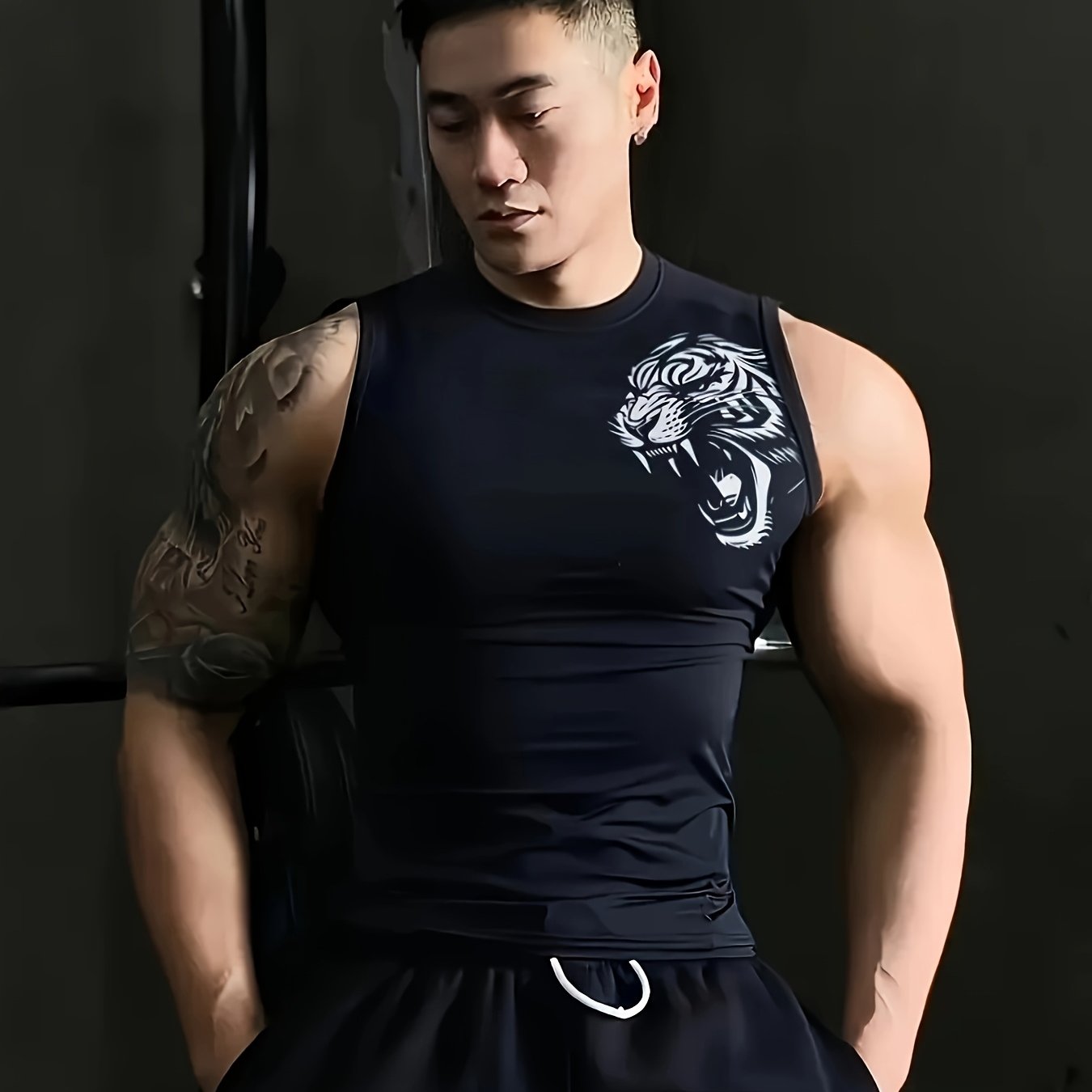 E-shop Schnelltrocknendes, feuchtigkeitstransportierendes Kompressionswesten für Herren - Tigerkopf-Print, ärmelloses Oberteil, geeignet für Fitness,