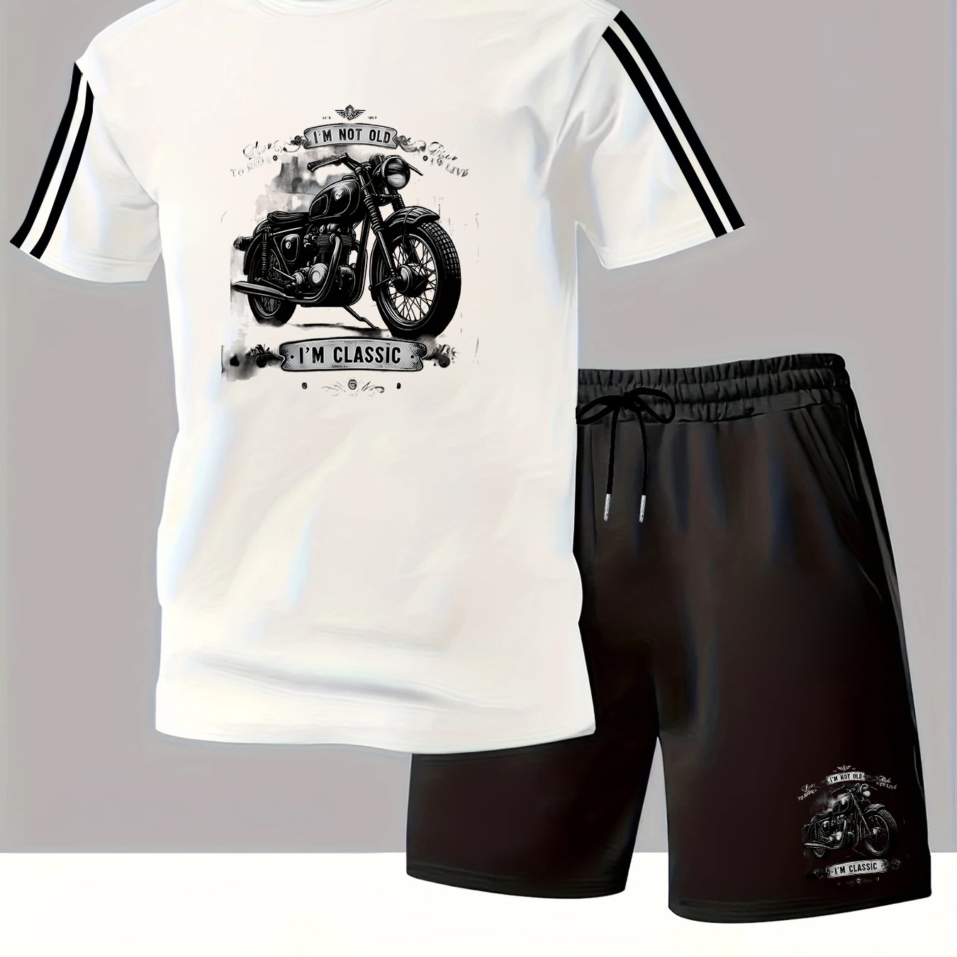 TEMU Men's Vintage Motorcycle Themed T-shirt & Shorts Set, Classic Motorbike Print, ' Old I'' Trendy Graphic, Stylish Casual Riding - Style Outfit,