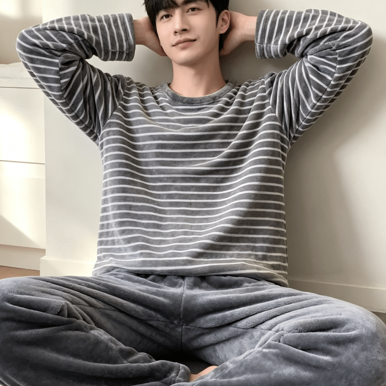 TEMU Ensemble de pyjama coréen pièces rayé, élégant et polyvalent pour adolescents, idéal pour et l'hiver. Col rond décontracté, haut à manches