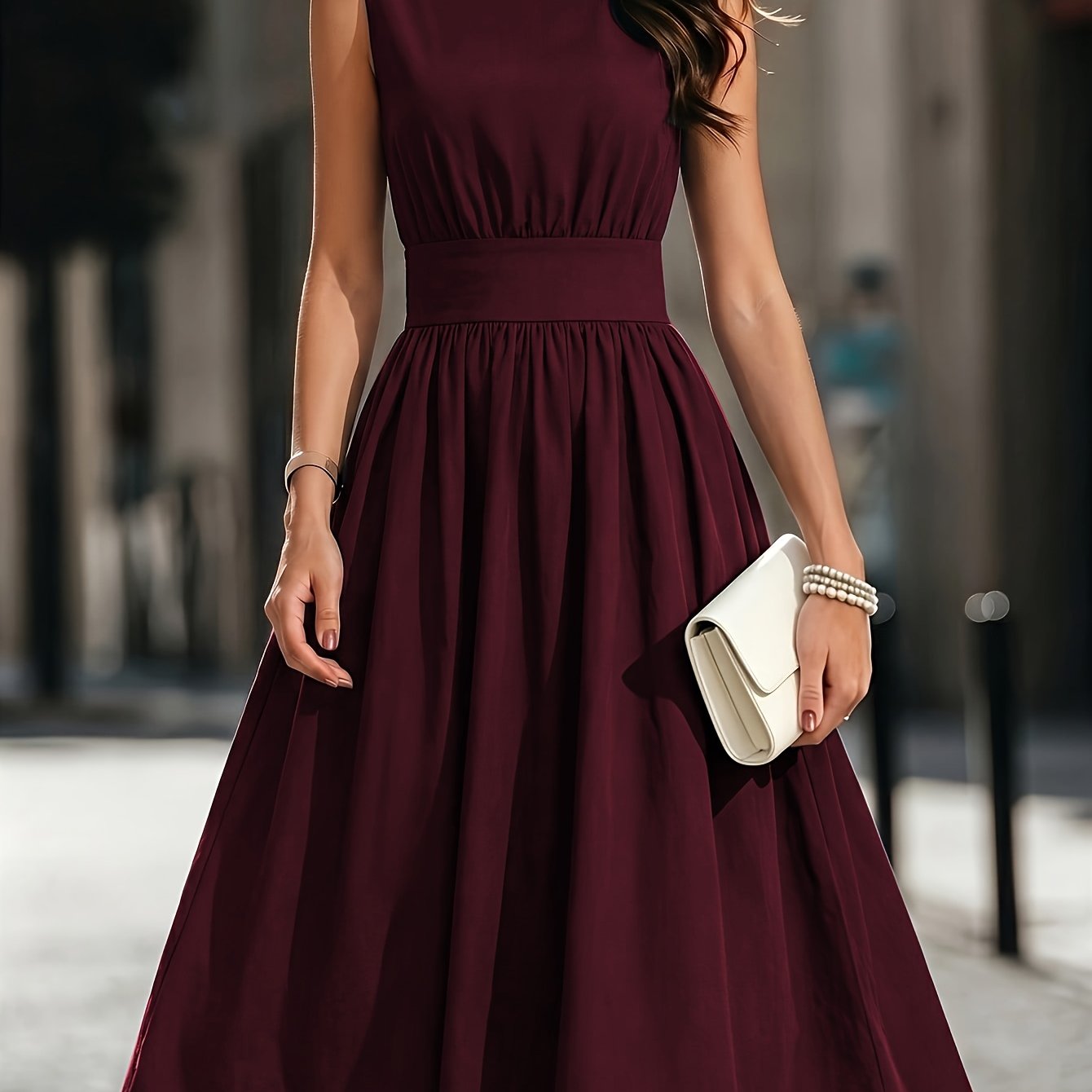 TEMU Women's New Solid Color Sleeveless Round Neck Shirred Waist Flare Dress, Suitable For , Leisure, Travel, And Vacation
