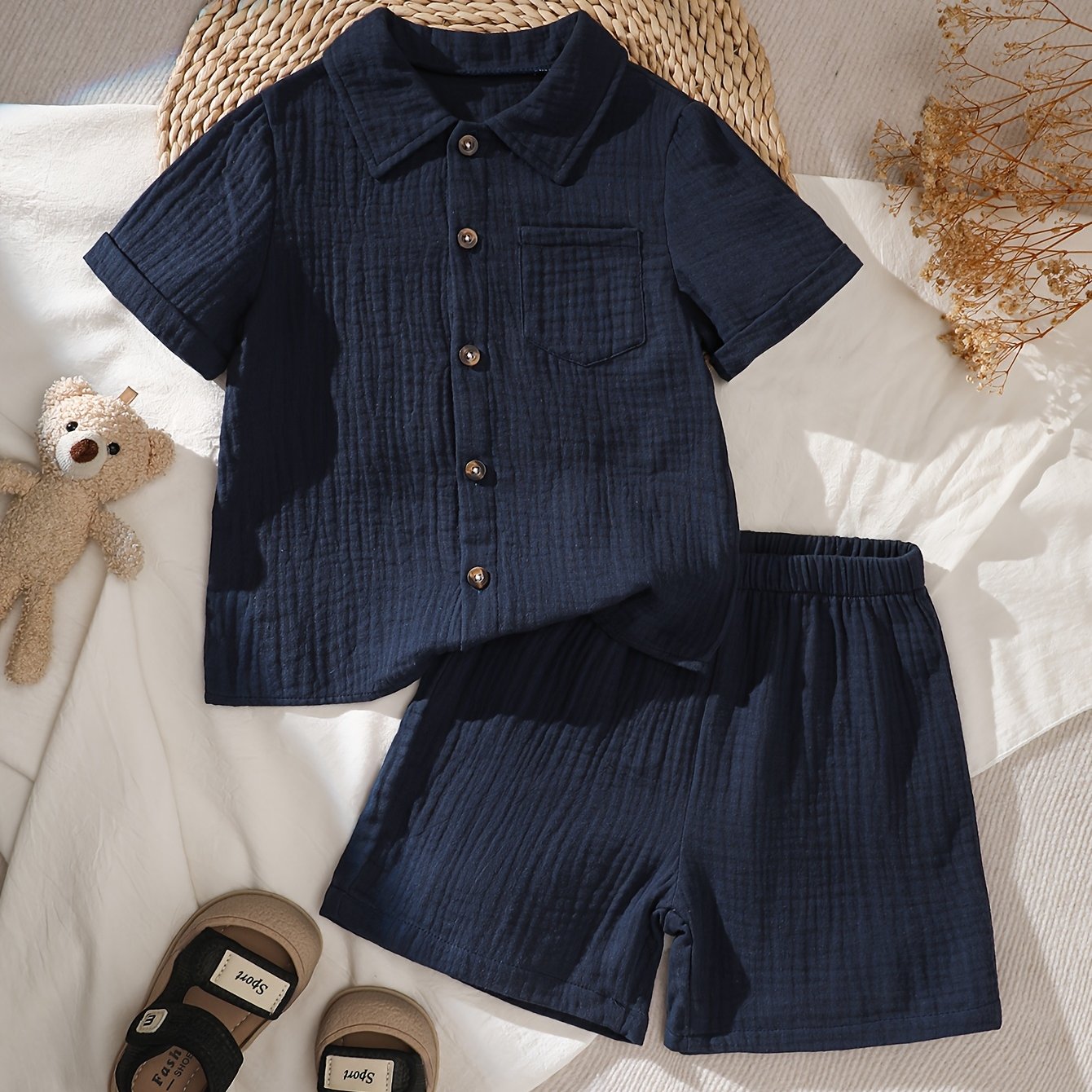 Image of Boys' Casual Easy Preppy Style Short Sleeve Shirt And Shorts 2pcs Set, Suitable For Daily Wear, School, Outing, Play, Spring/, Travel, Casual