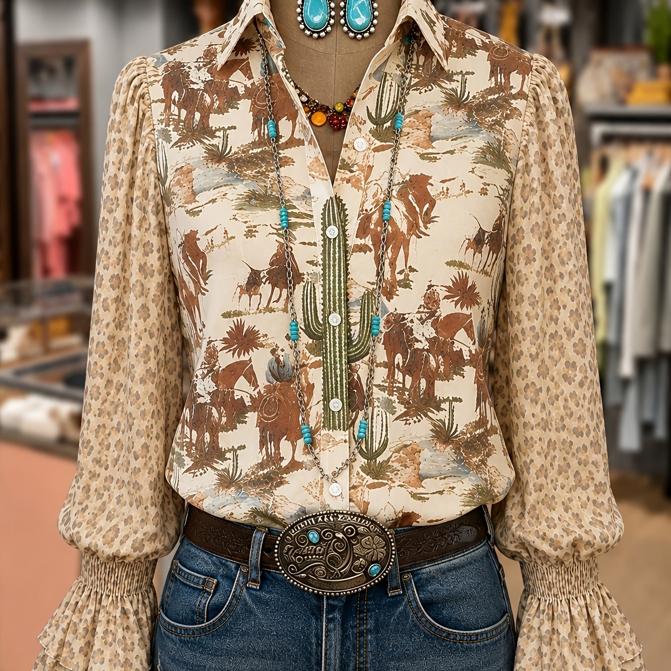 TEMU Elegant Women's Vintage Print Print Blouse With Flared Sleeves And Leopard Print, Suitable For Travel, Work, And Commuting