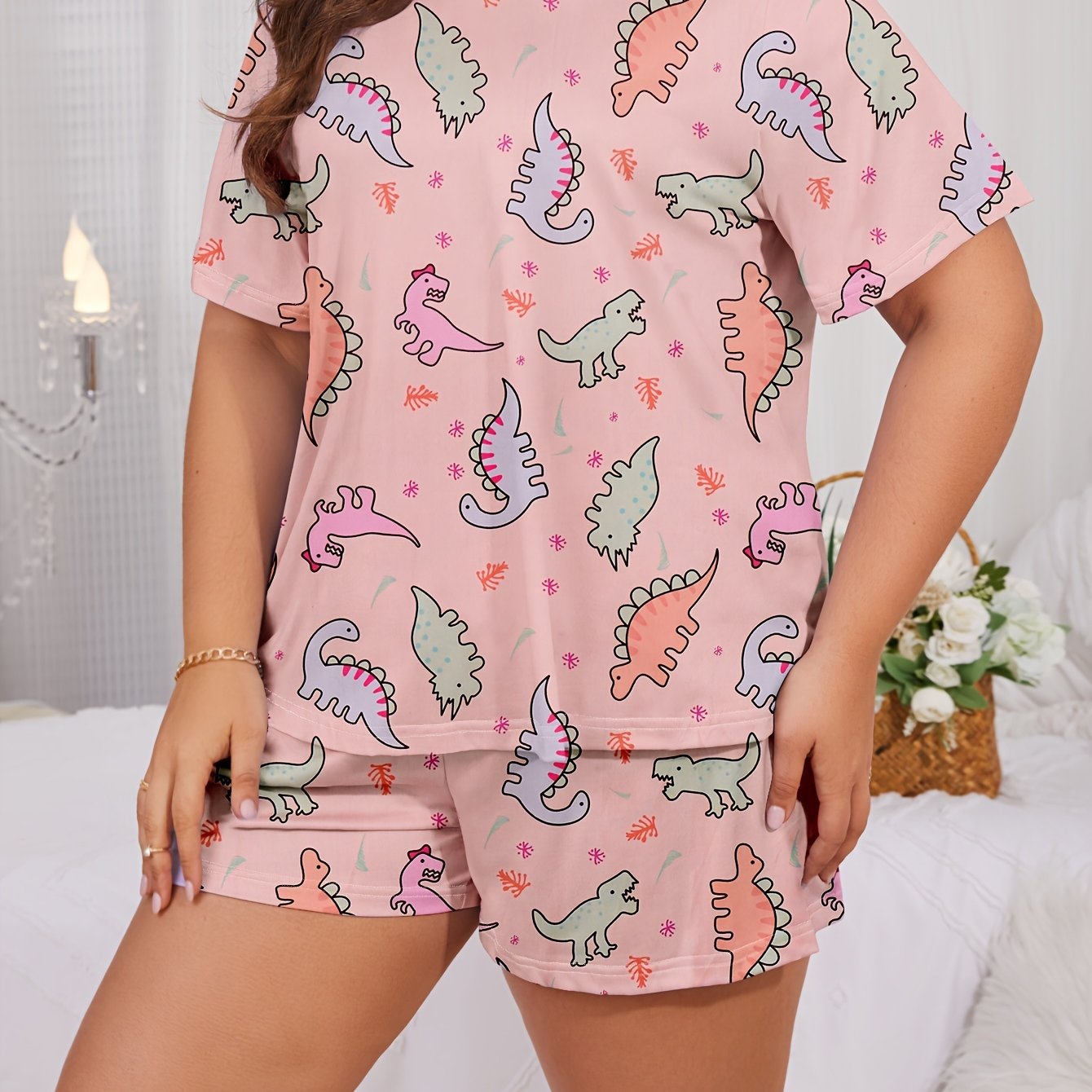 Image of Plus Size Casual Homewear Set, Women's Cartoon Dinosaur Print Short Sleeve Round Neck Top & Shorts Pajama Two-piece Set