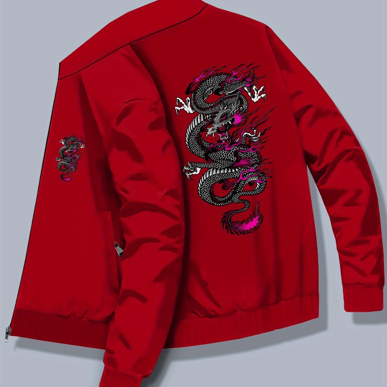TEMU Plus-size Men' Casual Jacket With Dragon , Zip-up Outerwear For Daily And Outdoor Wear