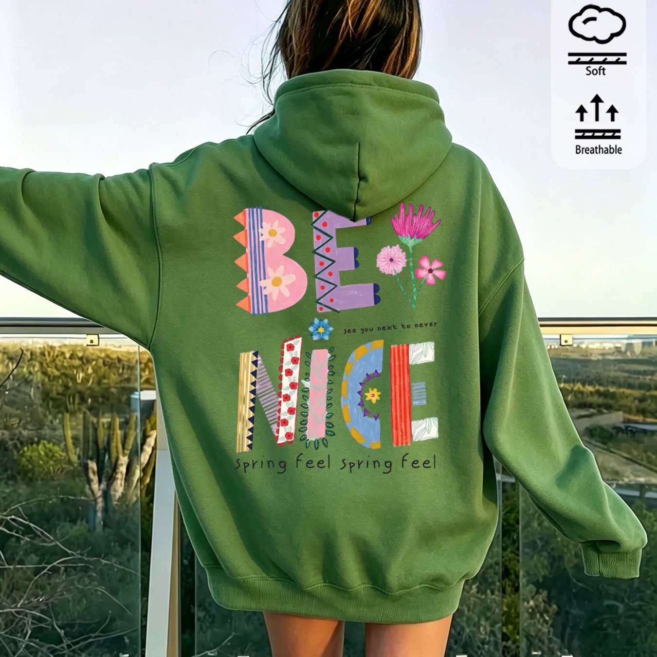 Image of Autumn Winter Women's Hoodie With Y2k Colorful Back Letter & Floral Print, Retro Streetwear Casual Drawstring Pullover Jacket