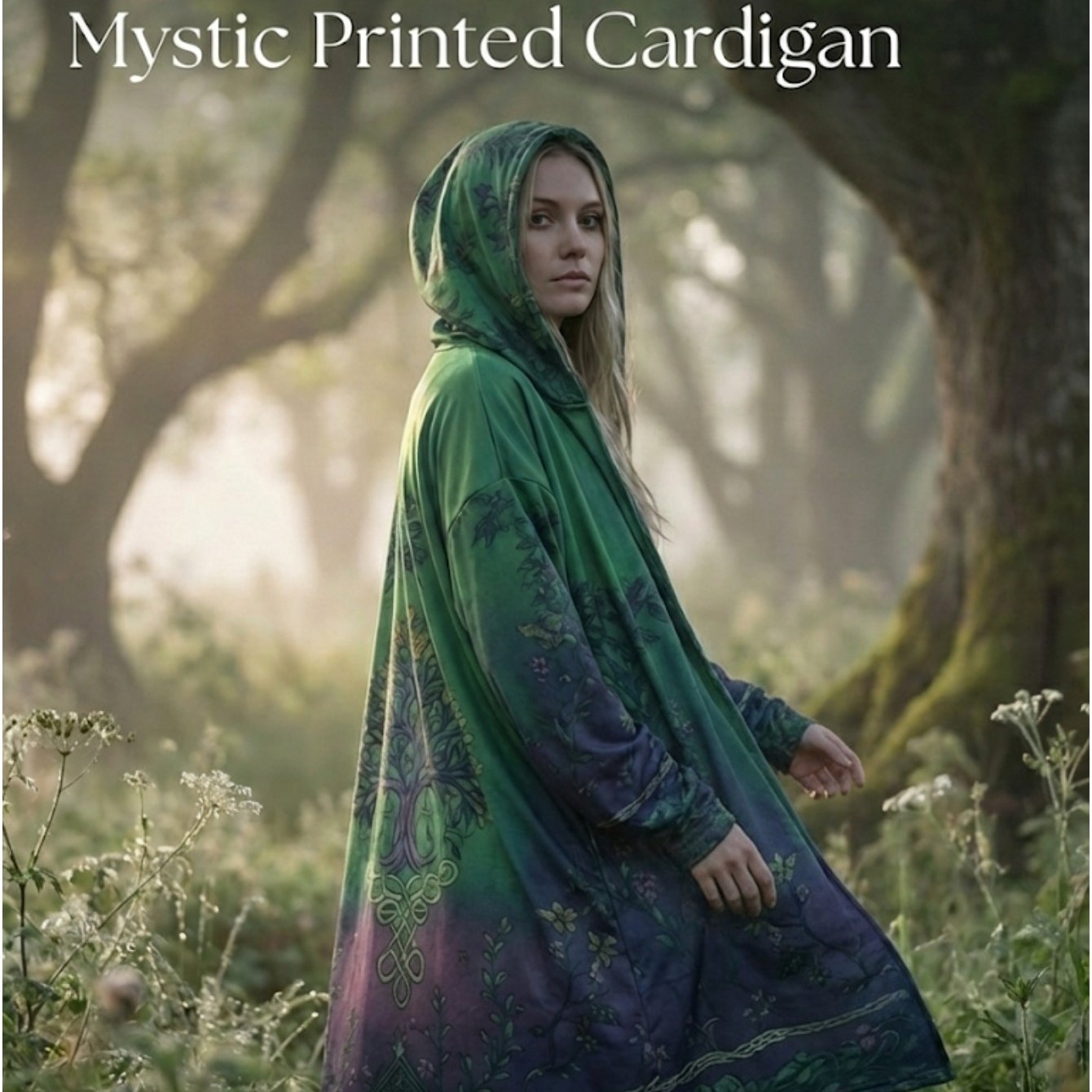 Image of Plus Size - Plus Size - Plus Size Women's Tree Of Life Printed Hooded Cardigan, Bohemian Open Front Oversized Longline Jacket, Vintage Casual Outerwear