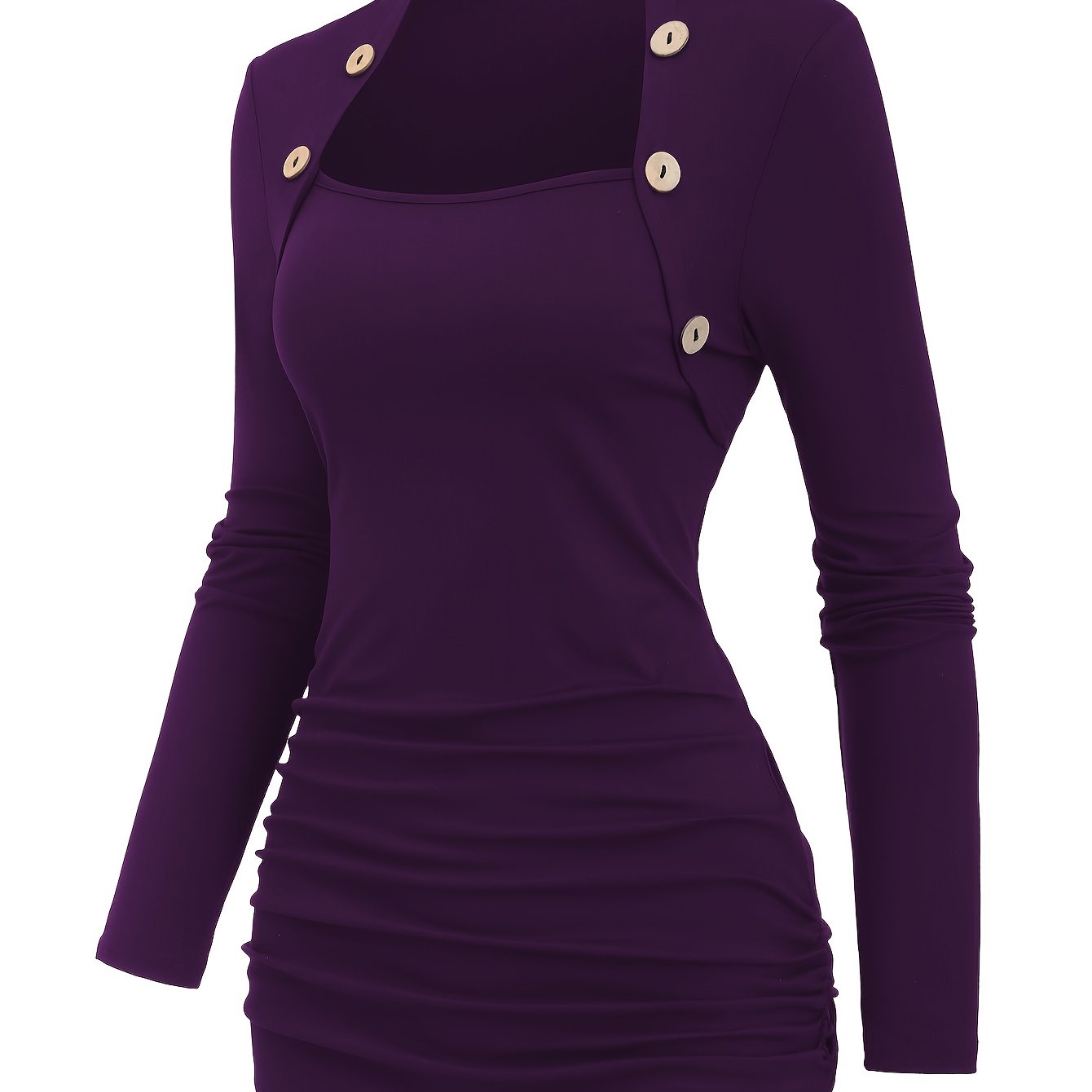 TEMU Maglia Casual Donna con Bottoni Decorativi - Borgogna , Scollo , Media Elasticit�, Lavabile in Lavatrice, Moda Inverno, Top a Maniche Lunghe con