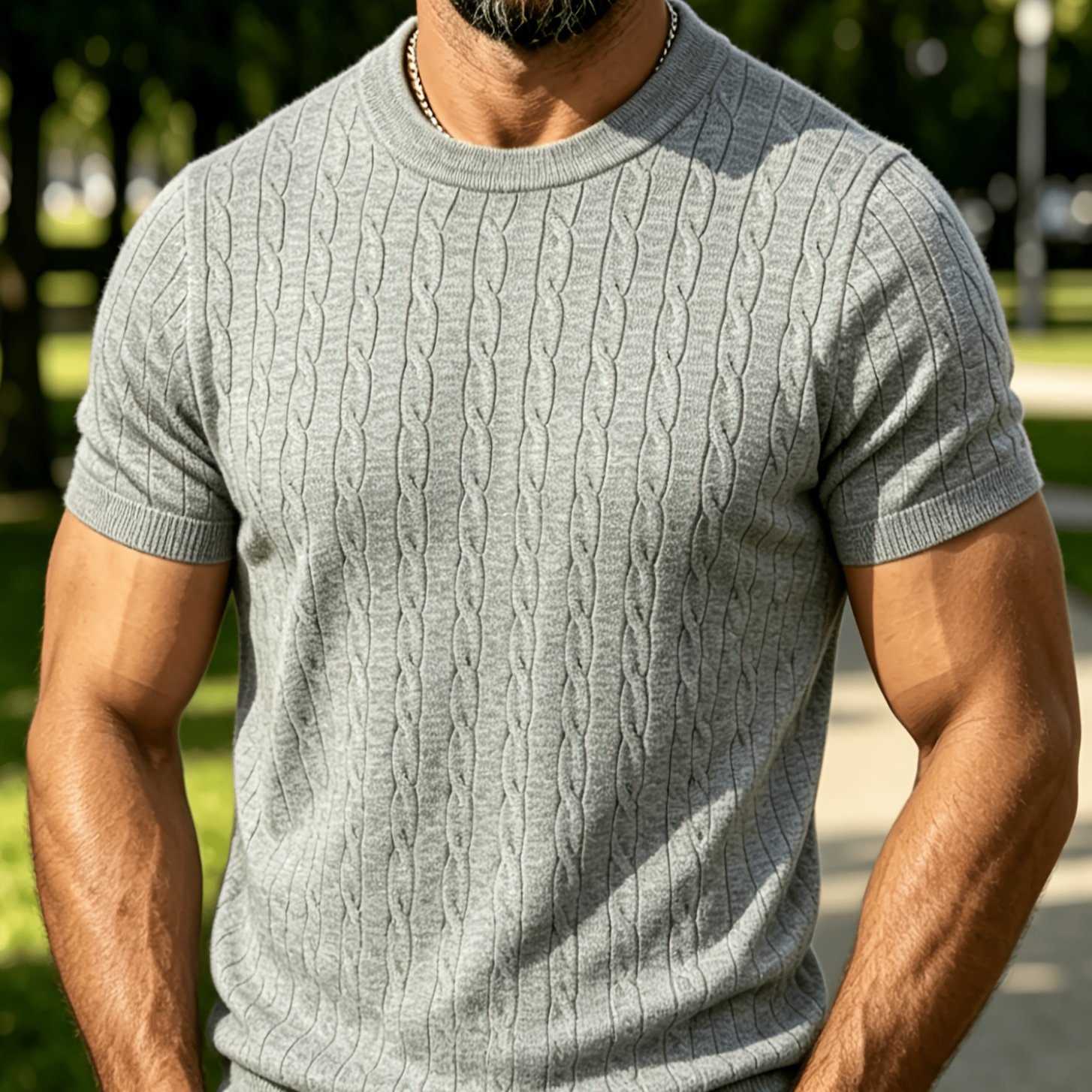 TEMU Men's Summer Short Sleeve Knit Sweater T-shirt - Vintage Twisted Cable Crew Neck Sweater Shirt, Stretchable Thin Base Layer Top Suitable For