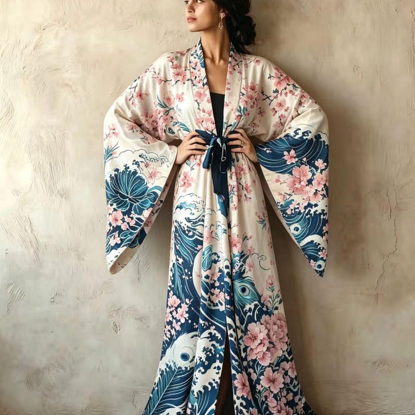 Image of Women's Elegant Kimono Robe Dress, Japanese -, Wide-sleeved Bathrobe With Wide Belt, Long Sleeves, Machine Washable, Perfect For Casual Wear, Beach, Home, And Vacation