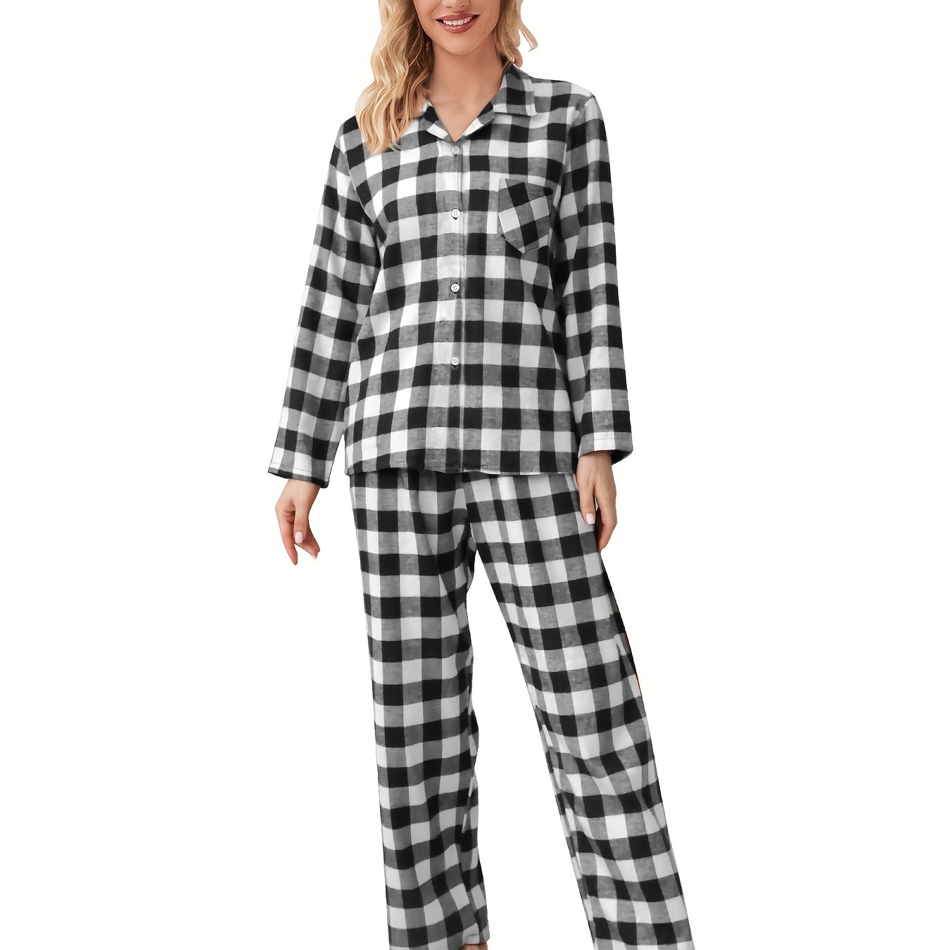 Women's Black & White Plaid Flannel Pajamas