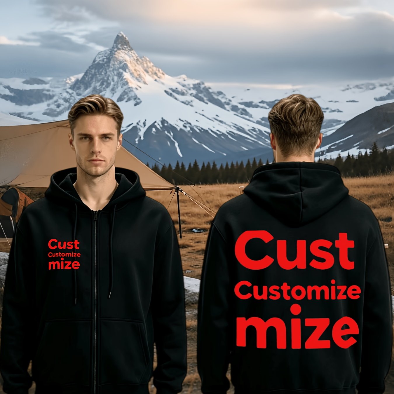 TEMU Men's Custom Front And Back Print Hoodie - Regular Fit Long Sleeve Sports Zip-up Jacket, Personalized Design Casual Wear And Activity Apparel,