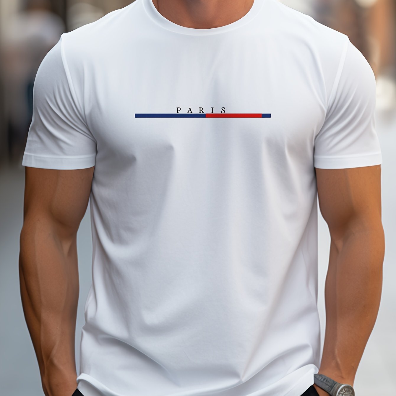 TEMU Paris Logo Graphic Print, Men's Novel Graphic Design T-shirt, Casual Comfy Tees For Summer, Men's Clothing Tops For Daily Activities