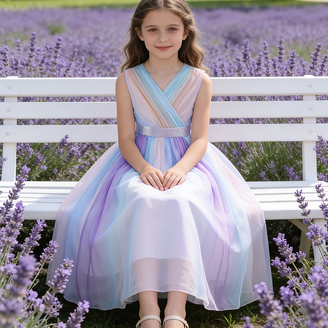 Image of Fashionable And Elegant Rainbow Ombre Sleeveless Girls' Dress - V-neck Design With Lace Details, Perfect For Spring/ And Casual Everyday Occasions