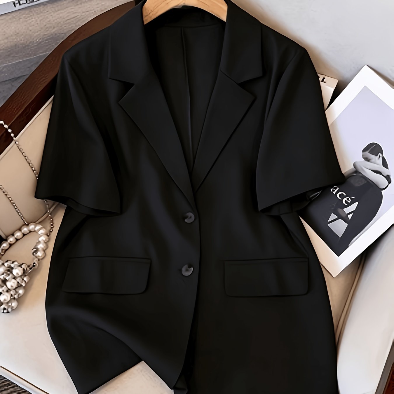 TEMU Ladies' Summer Short-sleeve Suit, Fashionable And Versatile Commuting Professional Outfit, Solid Color Suit Top
