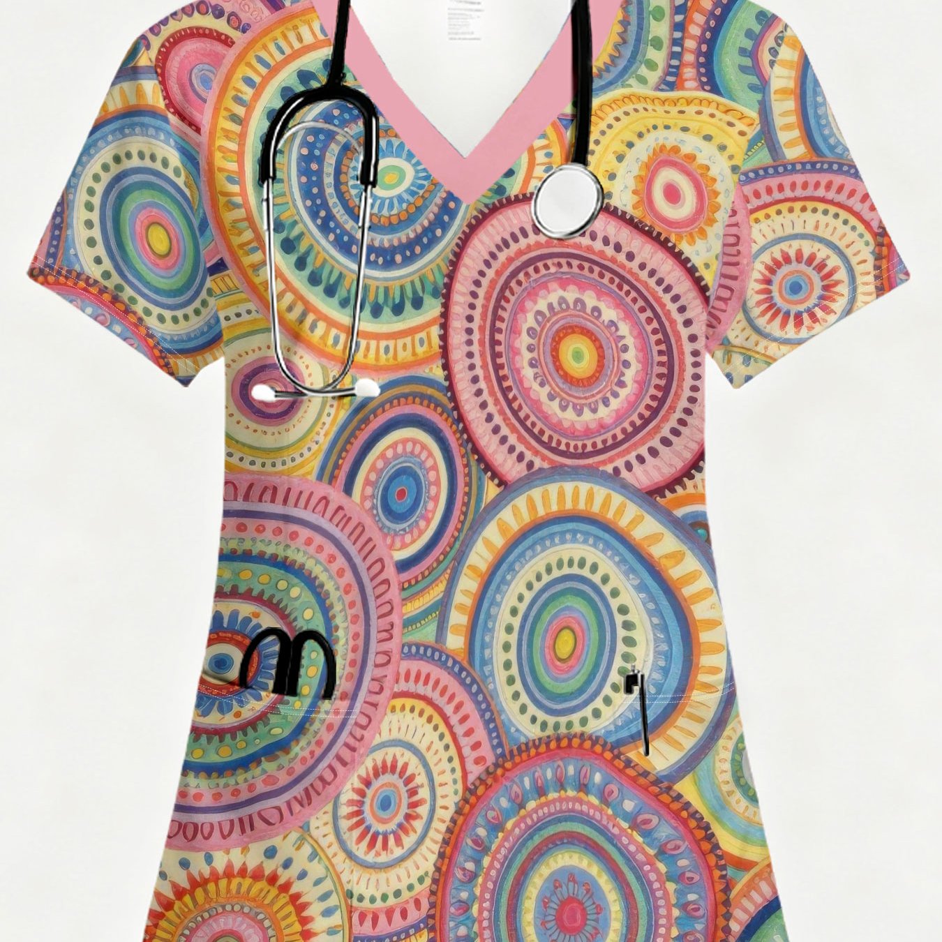 TEMU A Lady Nurse Uniform With Colorful Circular Pattern On White Background 2 Pockets V Neck Nurse Work Top Female Nursing Professional Clothing