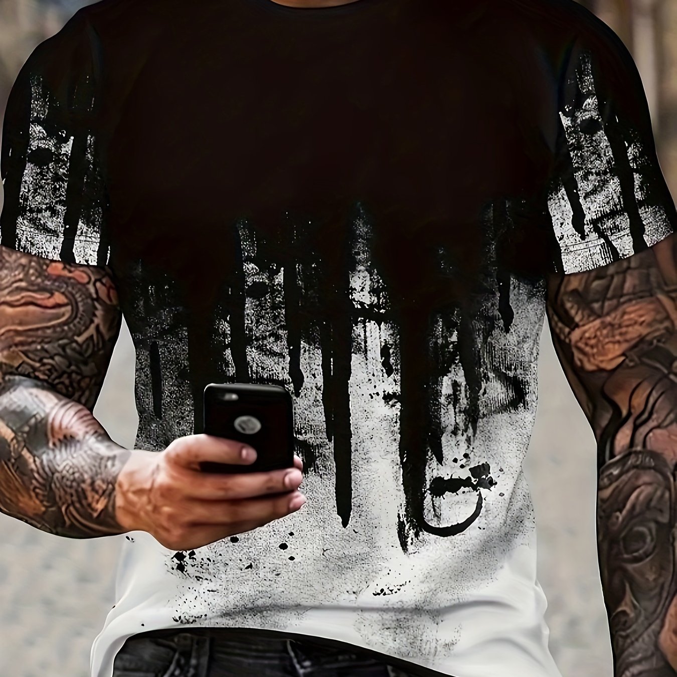 TEMU Men's Crew Neck T-shirt With Stylish Print, For Summer, Men's Short Sleeve Top For Daily Activities