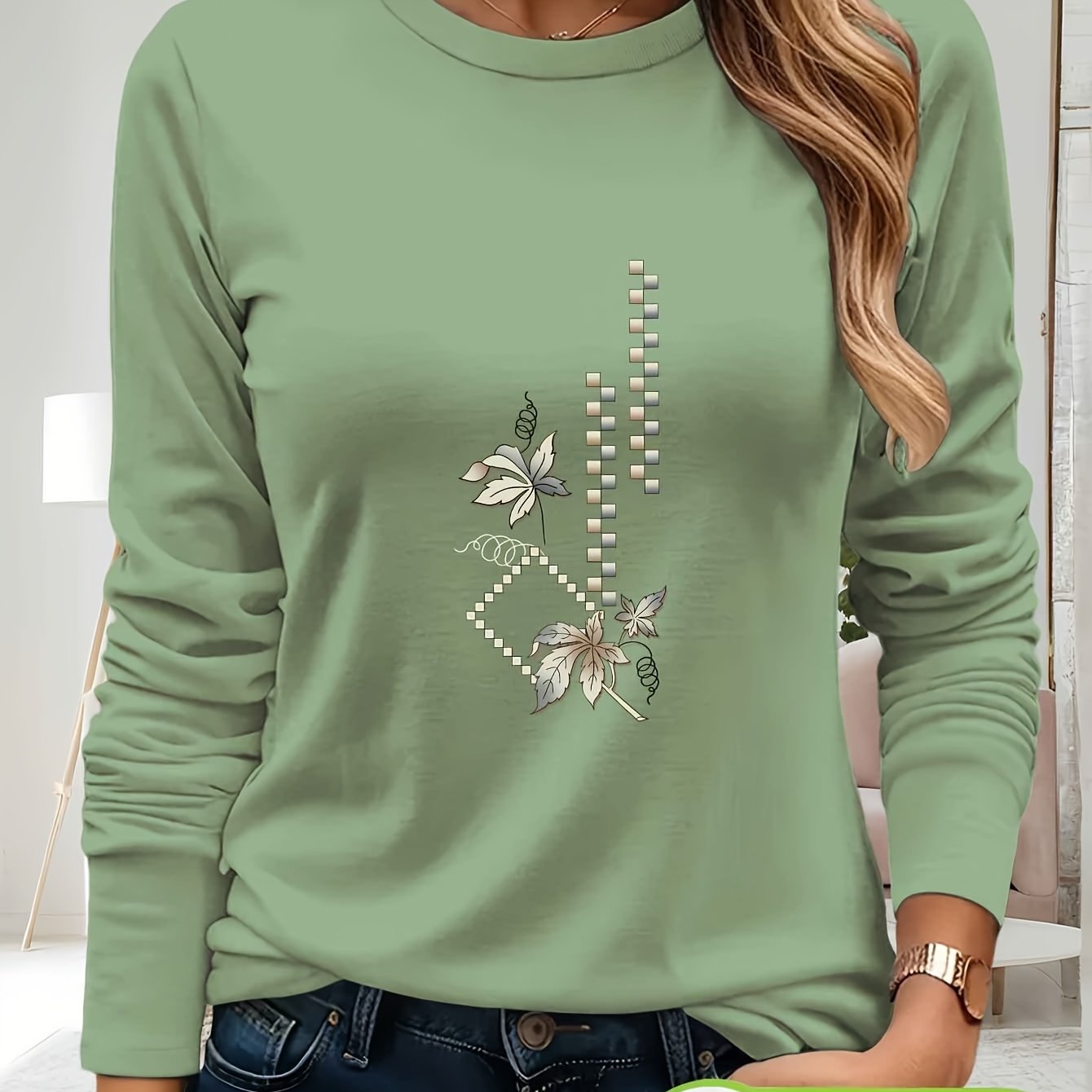 Autumn And Geometric Pattern Printed Round Neck Long Sleeve T-shirt