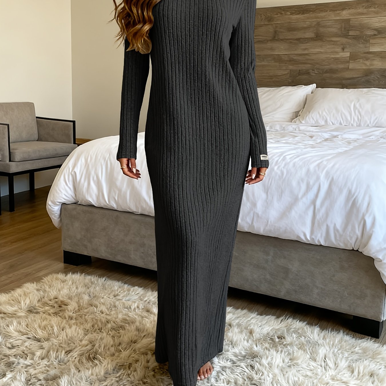 Image of New Women's Round Neck Pullover Long Dress, Suitable For , Outerwear, Or As A Base Layer, Long Sleeve, Slim Fit, Loose Fit, A-line, Solid Color, Ribbed, Relaxed Style Long Dress