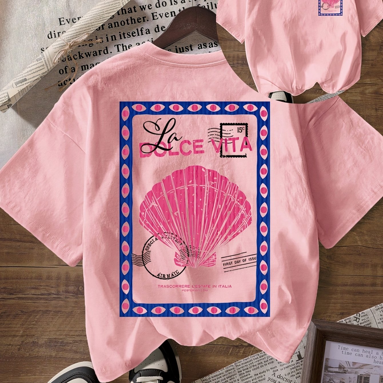 TEMU Women's Summeri Beach T-shirt With Shell Stamp Print - Short Sleeve Round Neck Casual Blouse Top, Medium Stretch Suitable For - Wear, Machine