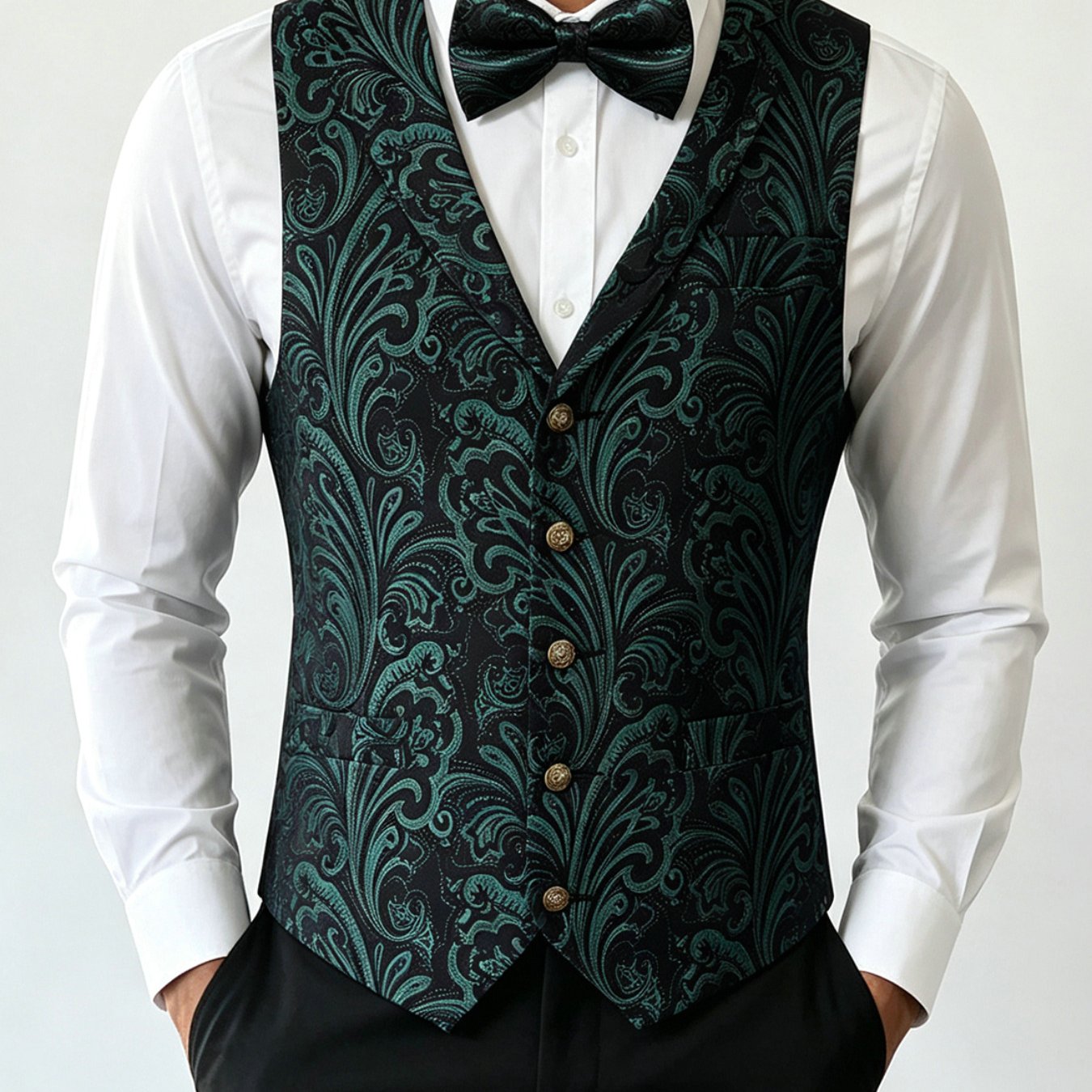 Image of 3pcs Gorgeous Green Jacquard Waistcoat For Men Notched Lapel Vest Bowtie Pocket Square Set Formal Wedding