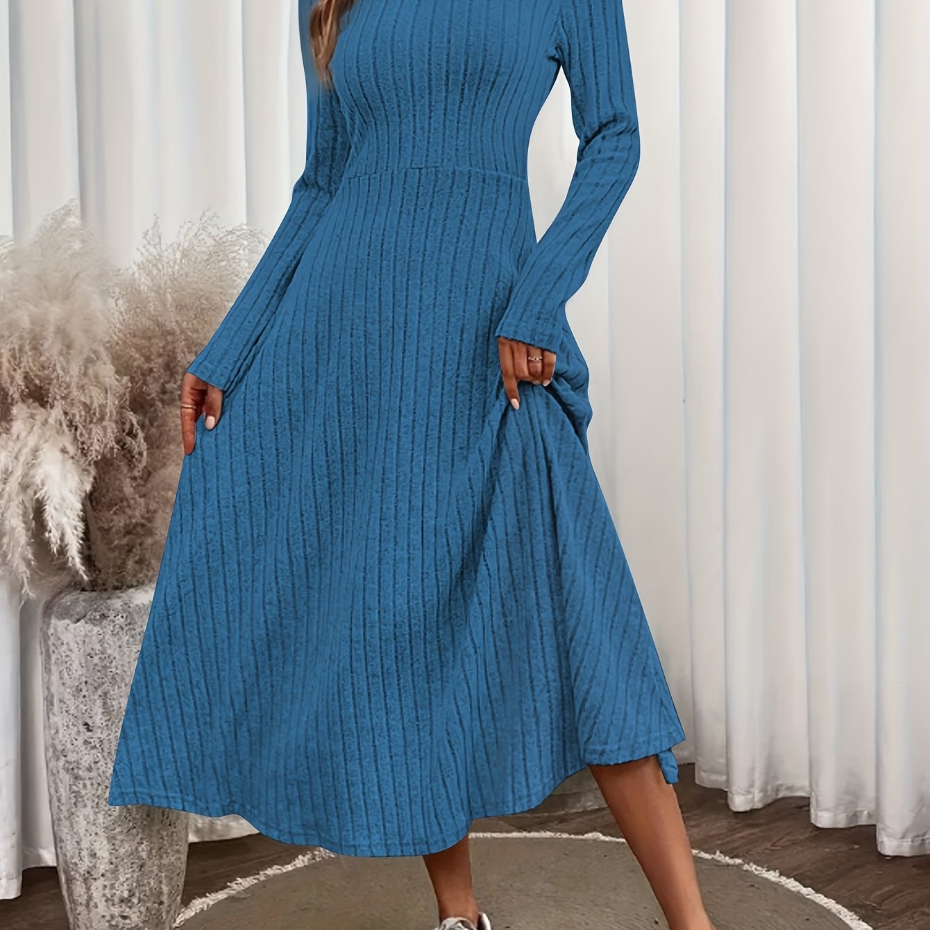 TEMU Western Women's Ribbed Mock Neck Long Dress, Long Sleeve Casual Solid Color Fall Winter Women's Dress