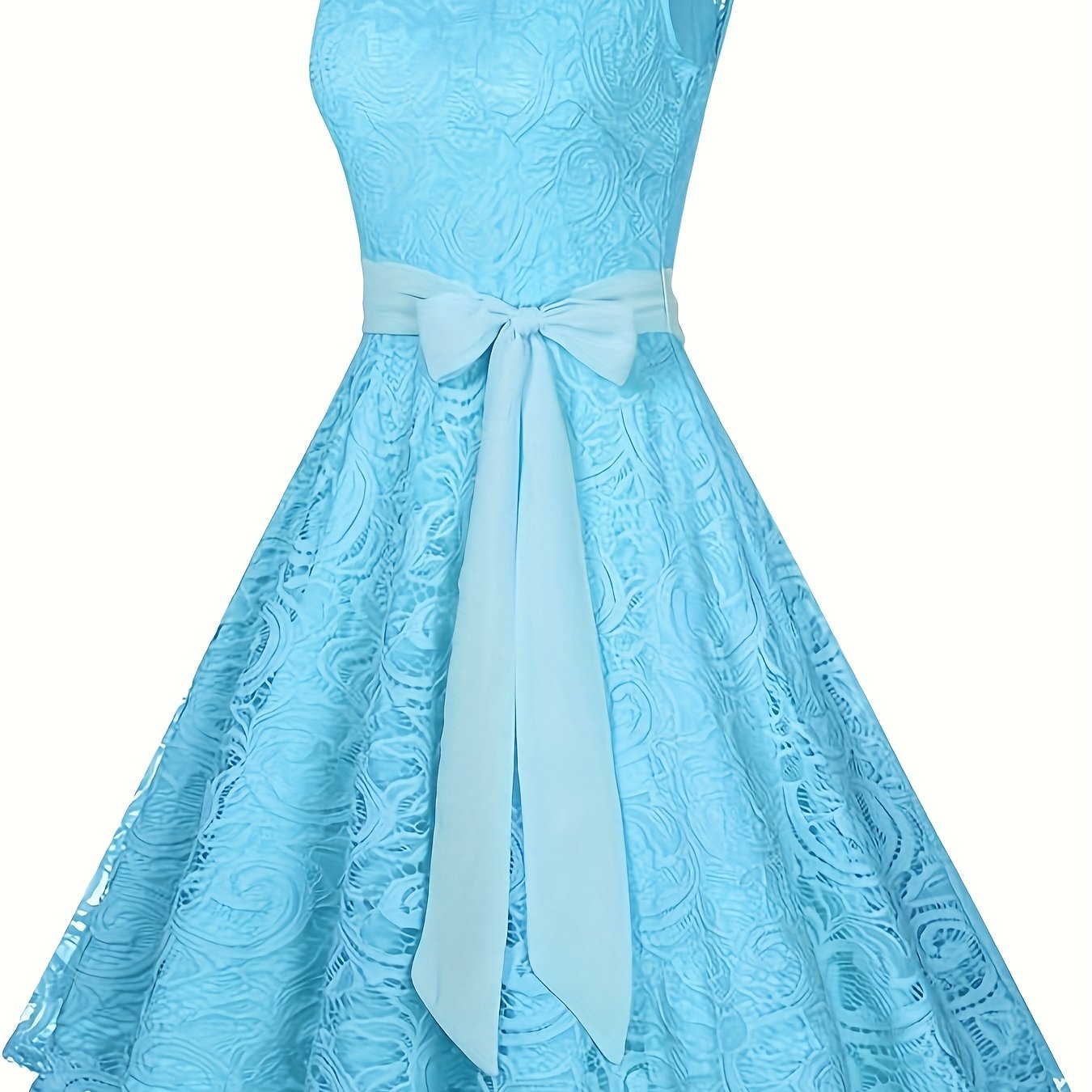 Women Sleeveless Lace Dress Round Collar Solid Color Dress