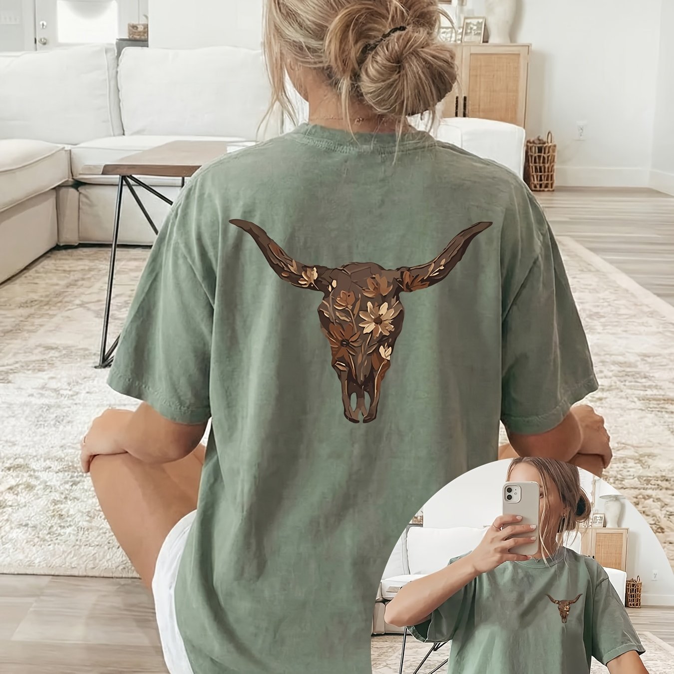 TEMU Women's Bull Skull Floral T-shirt - Double-sided Short Sleeve Round Neck Top With Bull Skull & Botanical Print, Breathable Machine-washable