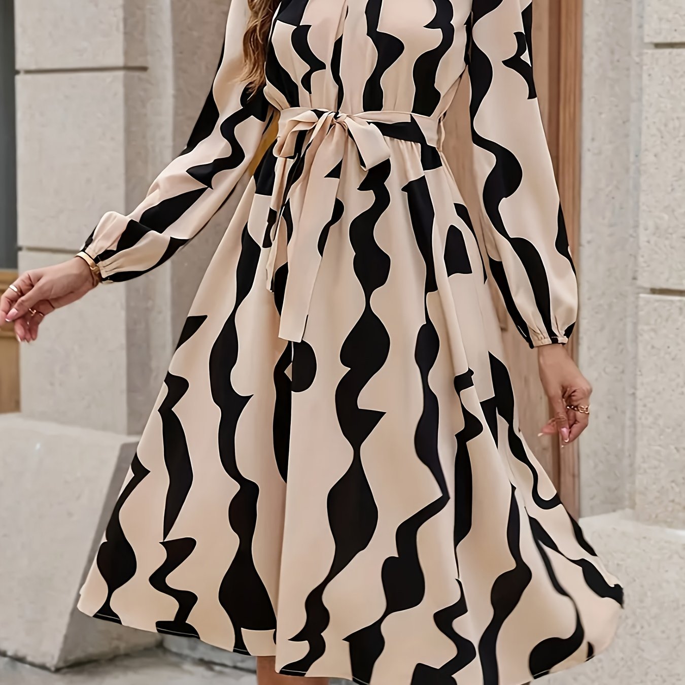 E-shop Damen Langarm Kleid mit -Print, Laternenärmel Taillenbund Kleid