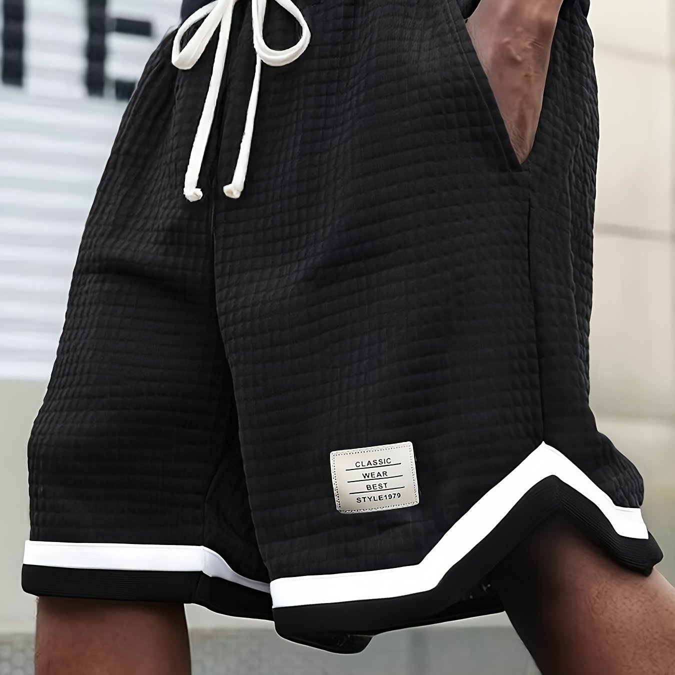 TEMU Men's Contrast Striped Pattern Print Waffle Knit Jacquard Shorts, With Drawstring And Multiple Pockets, Stylish Breathable Shorts, Suitable For