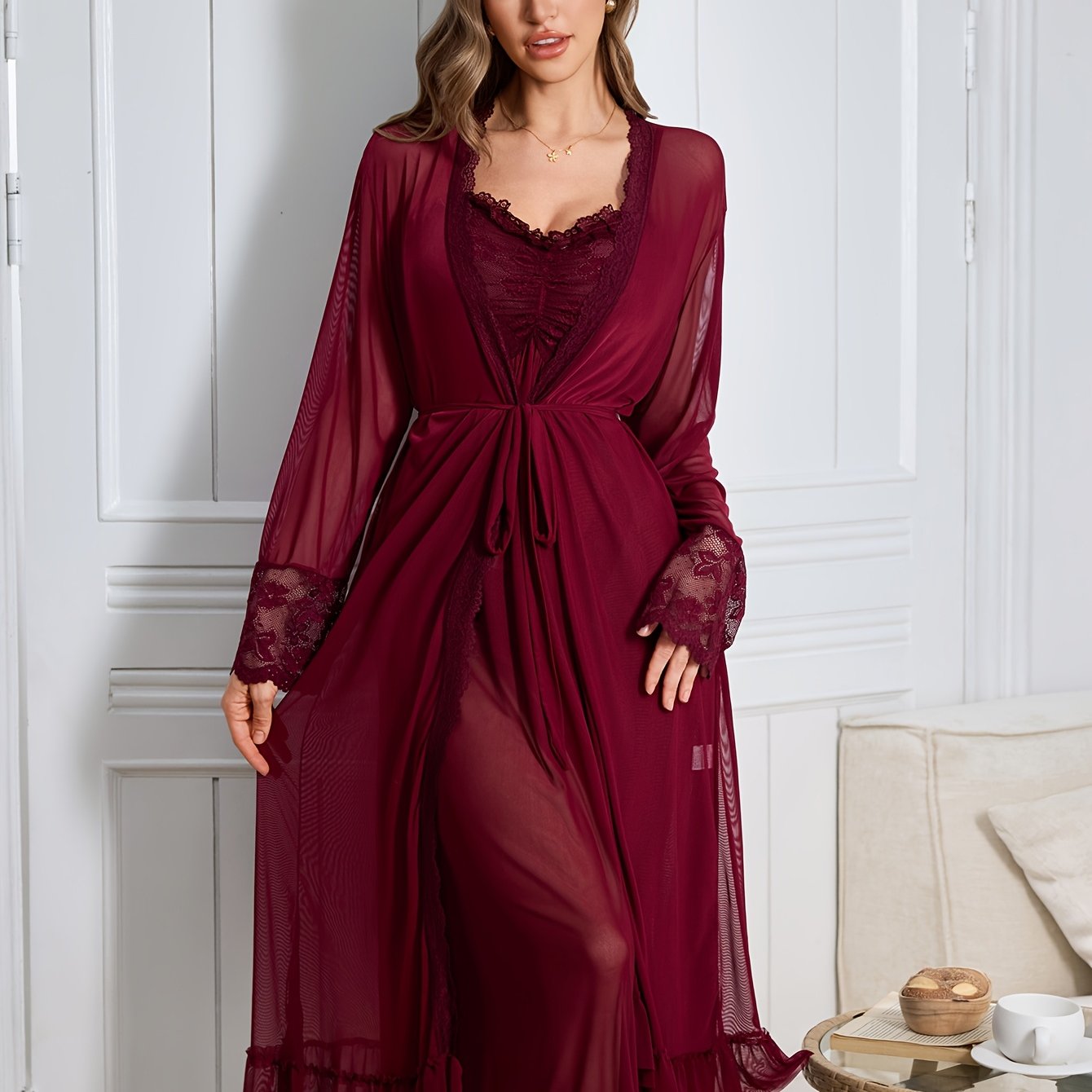3pcs Set Of Outerwear, Skirt, And Waistband Sleepwear, Mature Women's Sleepwear With Contrasting Lace Details, Backless Mid Length Camisole Dress, Suitable For With Solid Color Sleepwear