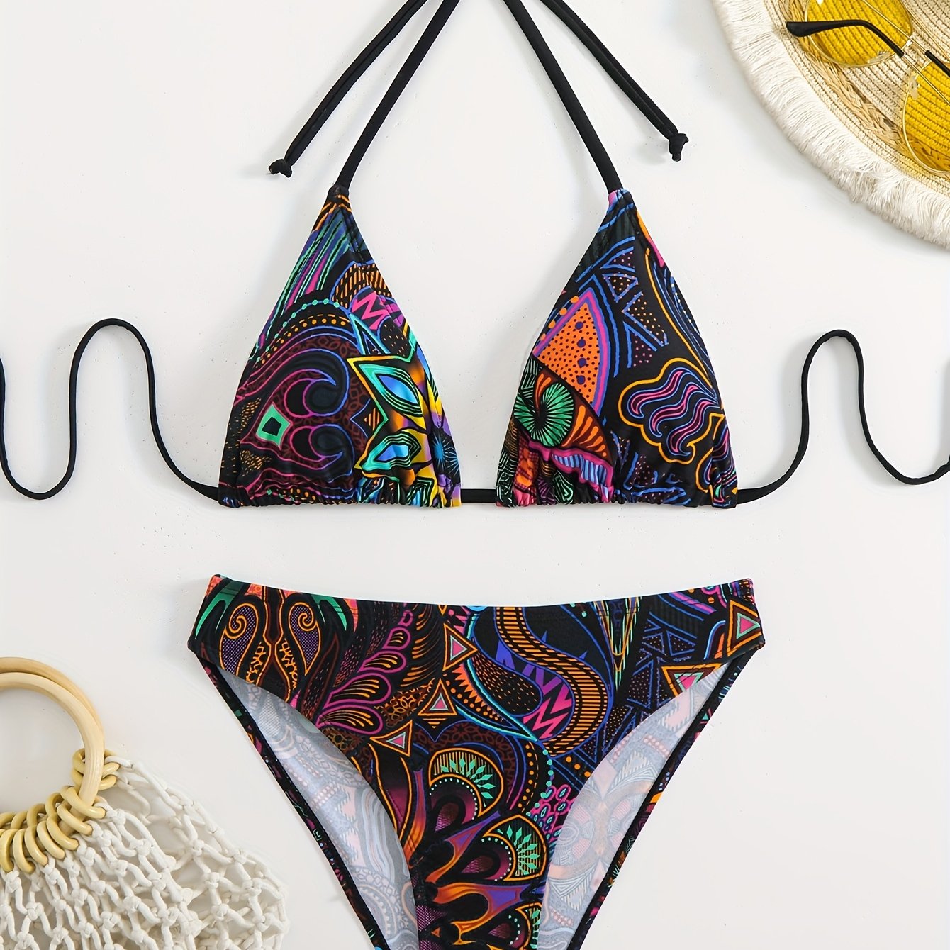 New Casual Retro Print Sexy Halter Neck Tie-back Triangle Bikini Set For Women