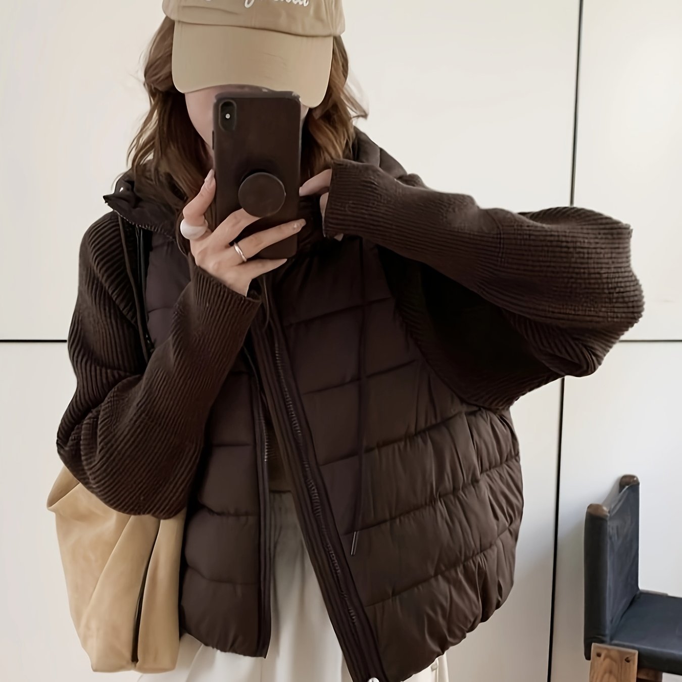 TEMU New Autumn/winter Women's 2-in-1 Look Sleeve Hooded Padded, Loose And Lazy Style Horizontal Quilted Warm Padded, Casual And Versatile Zipper
