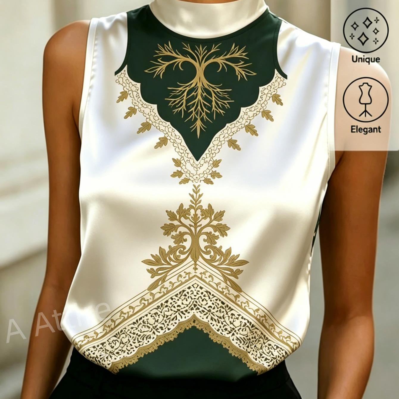 Image of Women's Summer Top Pattern Print Sleeveless Satin Vest With A Stand Collar Elegant And Comfortable Women's Summer Wear Stylish And Casual Suitable For Commuting Dates And Casual Attire A Great Gift