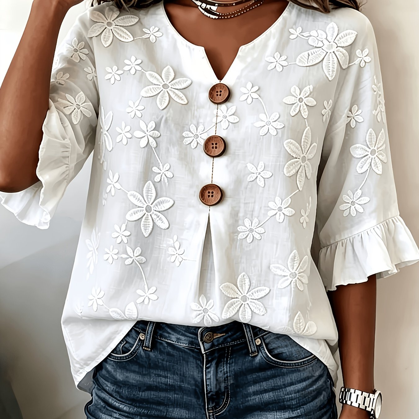 TEMU Women's Floral V-neck Embroidered Commuter Daily Shirt