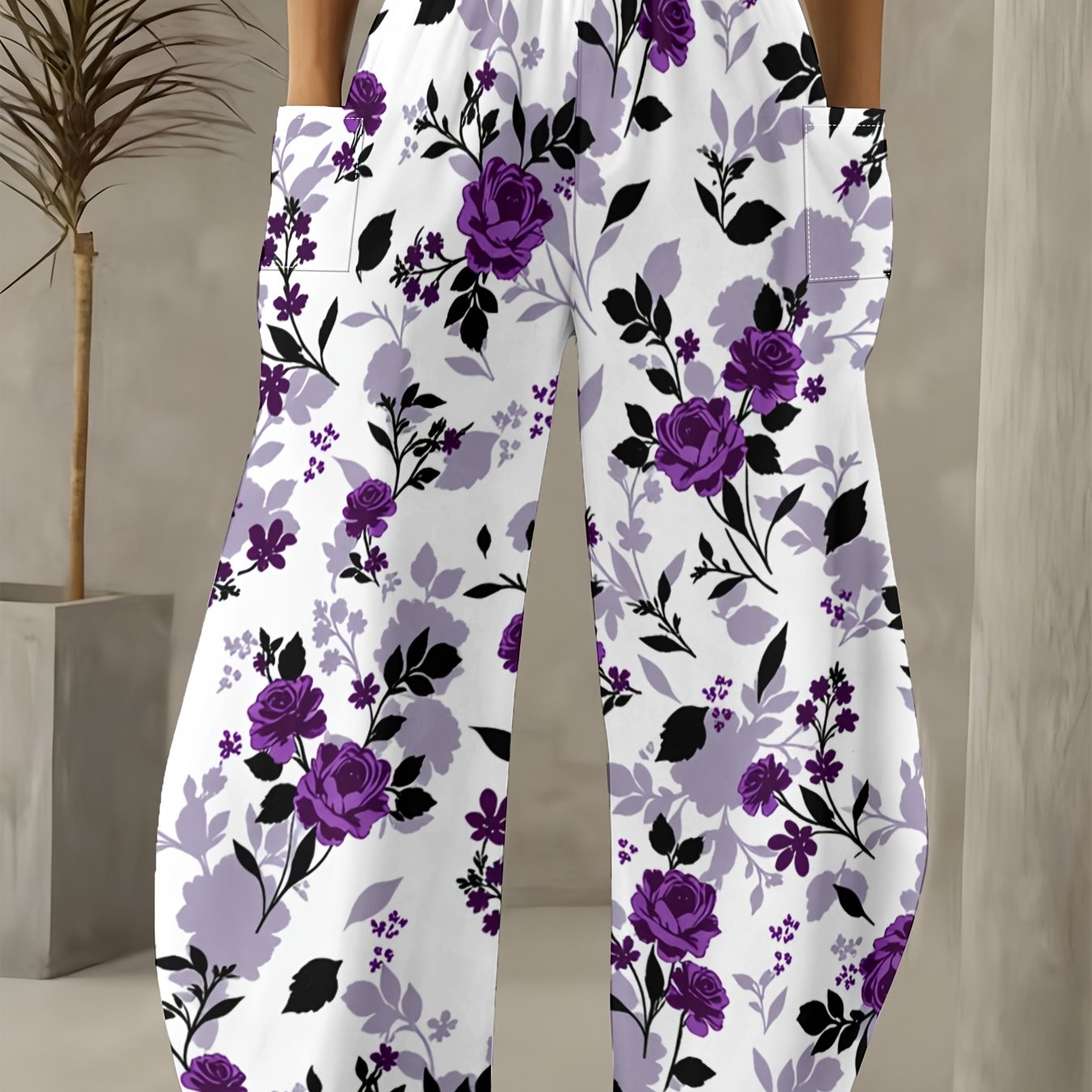 TEMU Plus-size Women's Elegant Summer Loose Wide-leg Pants With White And Purple Rose Prints, Made Of Lightweight Fabric, Perfect For Date Outfits