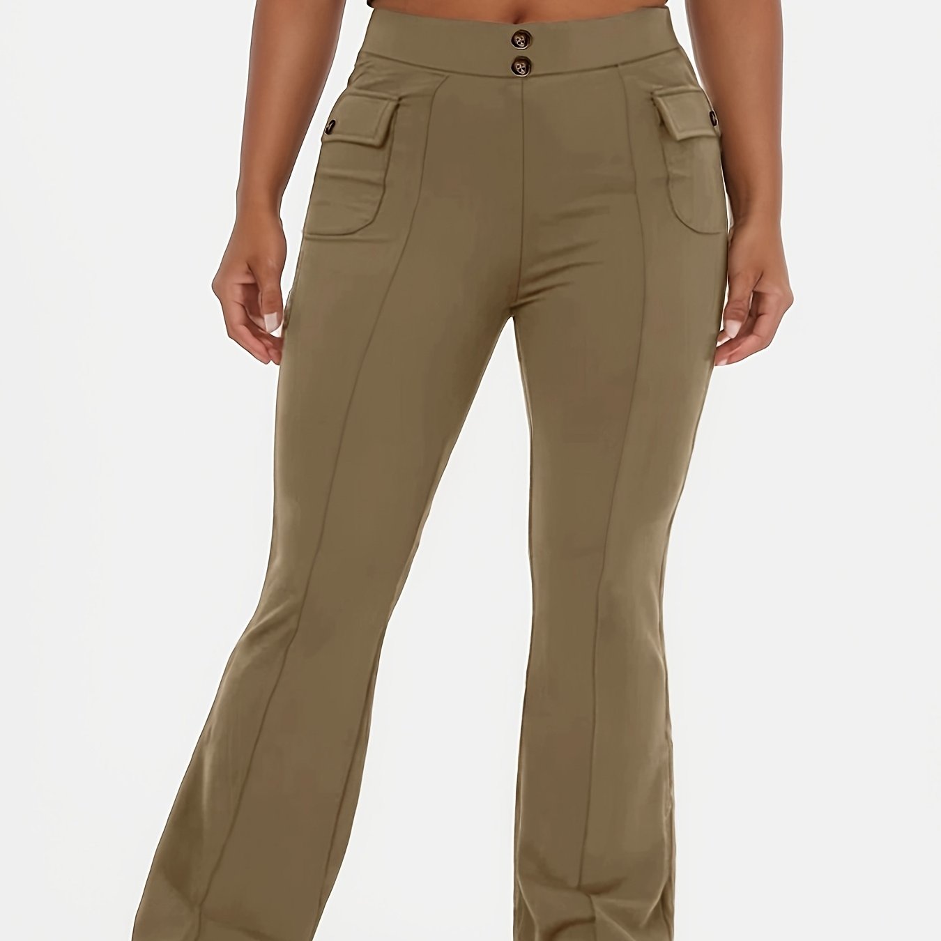 Plus Size Womens High Waist Cargo Work Flare Pants Ladies Slim Fit Casual Bootcut Trousers