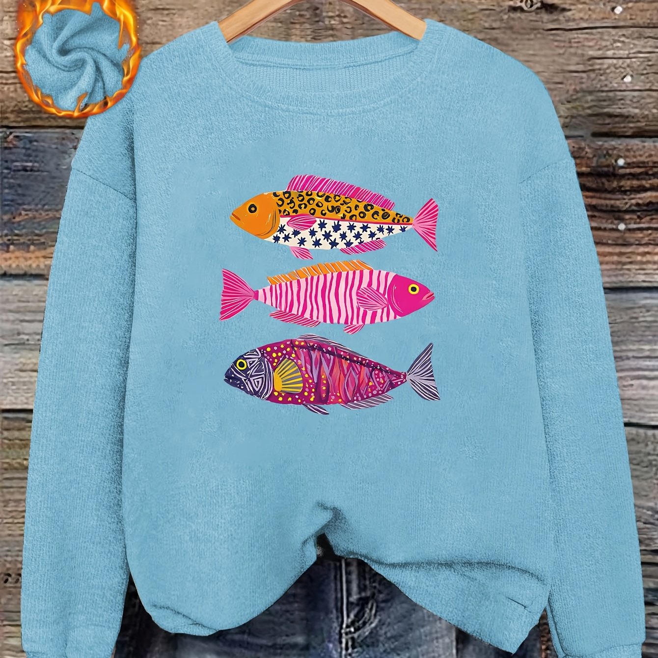 TEMU Women's Casual/vacation Autumn Top â Pop Art Fish & Stripe Print, Crew Neck, Long Sleeve, -sweater Style