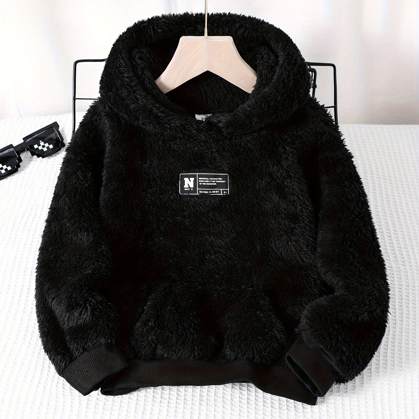 Image of Fall Winter New Plush Hoodie, Plush Fashion Sweatshirt, Individual Patch, Kangaroo Pocket Fall Casual Hooded Top