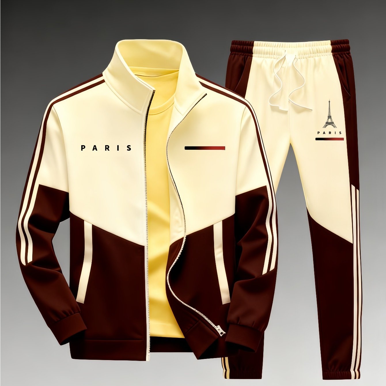 Image of 2pcs Set. Men's Casual Sports Jacket And Sweatpants, Printed With Paris Logo, Unisex Sportswear Set, In Multiple Colors