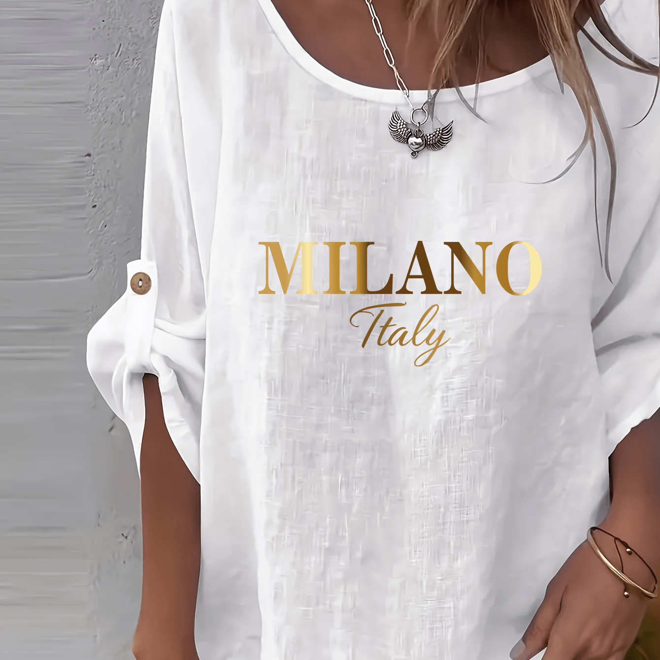 Image of Elegant Women's Shirt - Solid Color Crew Neck Casual Fashion Top With Print, Button Detail Design, Loose Fit For Spring/summer Wear, Versatile For Casual And Formal Occasions, Women's Shirt