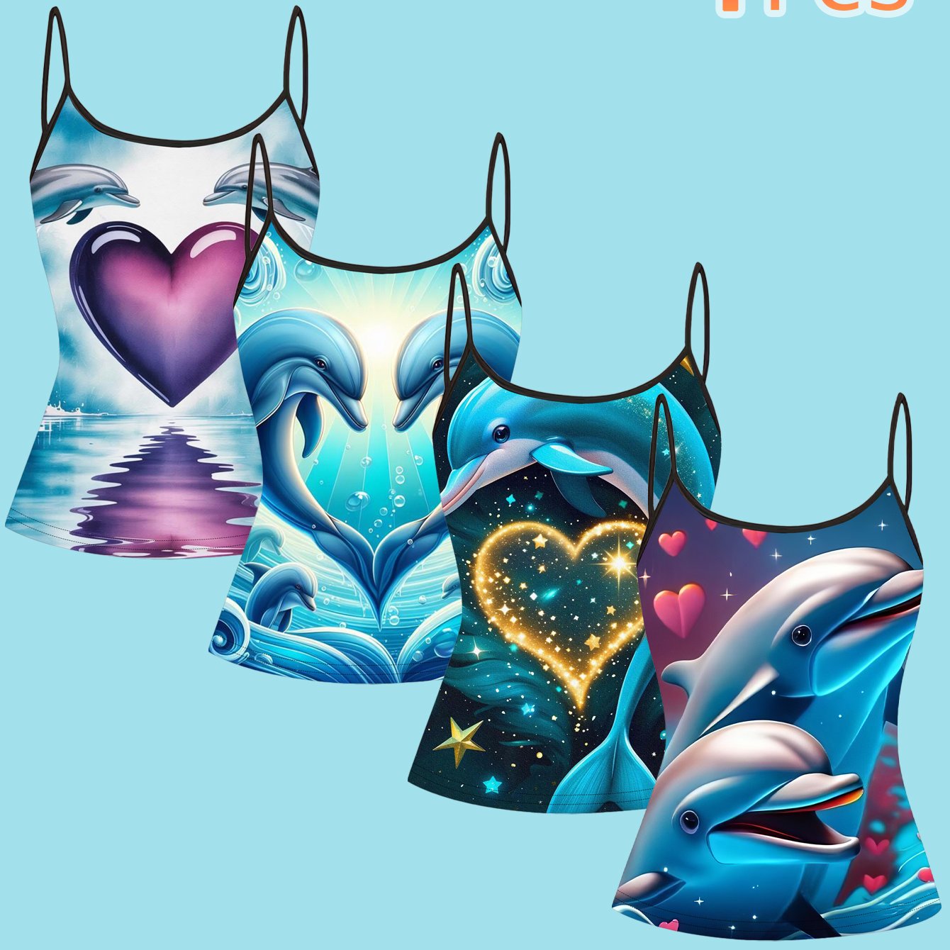 TEMU [4-pack] Dolphin Love Heart Series Print Women's Thin Strap Cami Top