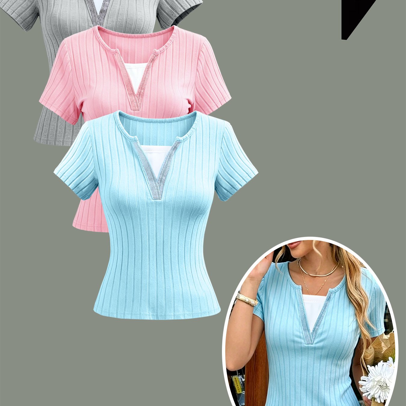 TEMU Women 3pcs Ribbed Fake 2pcs T-shirts Rhinestone V Neck Cropped Casual Summer Tops