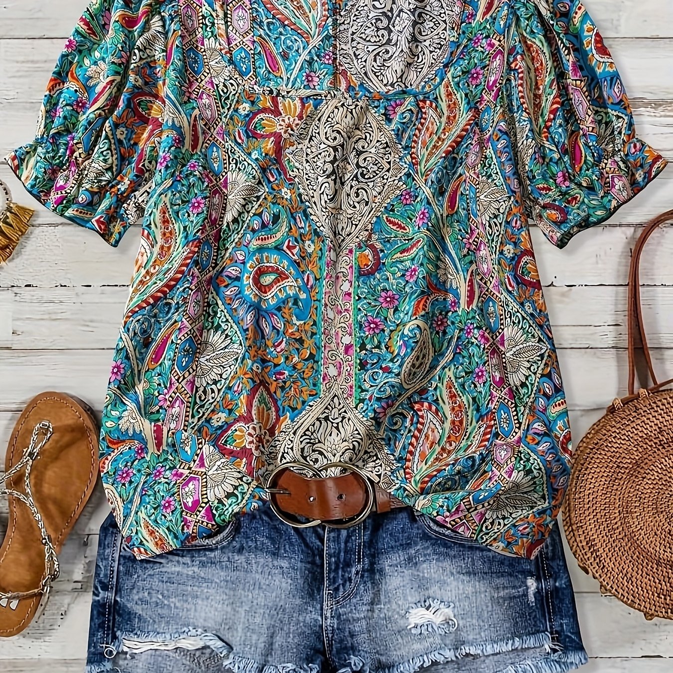 E-shop Plus Size Damen Bluse mit Quadrat-Ausschnitt und Kurzarm – Leichter, nicht dehnbarer Stoff, maschinenwaschbar, lässiges Oberteil für Frühling