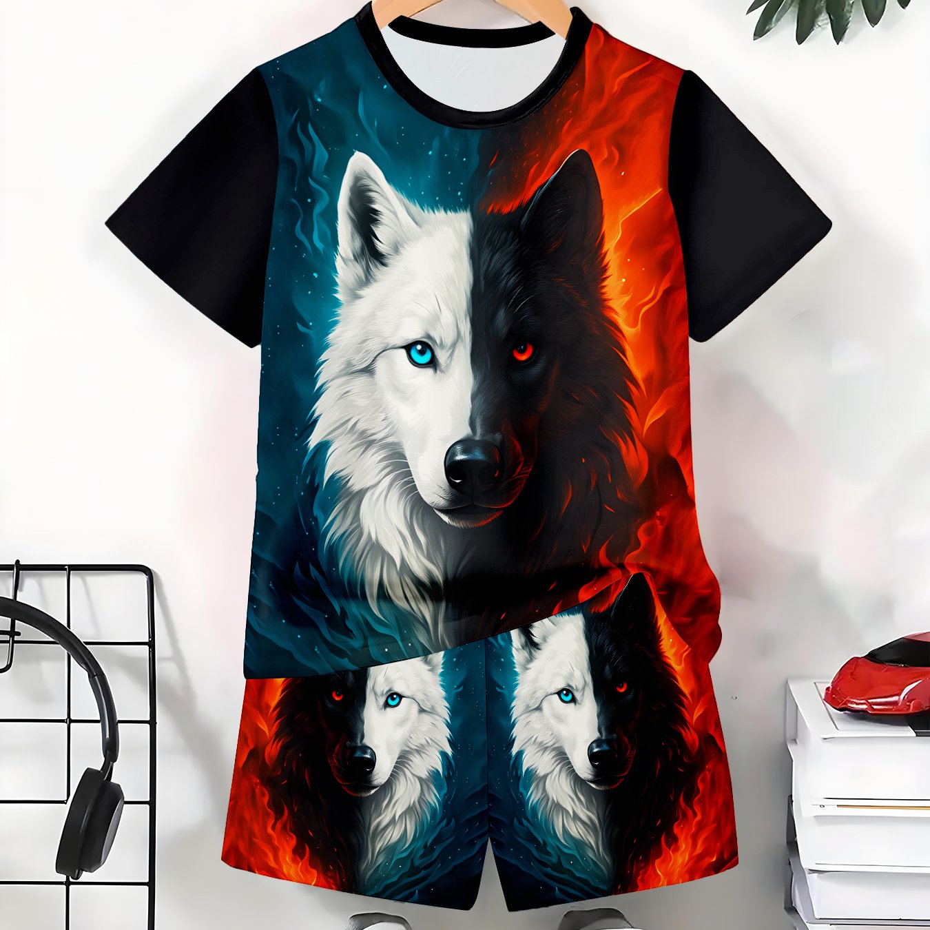 TEMU Boys' Short-sleeve Shorts Set Wolf Graphic Print Short Set For Casual Wear, Blue And Red Dual-tone Design, Lightweight , Ideal For Home, Or