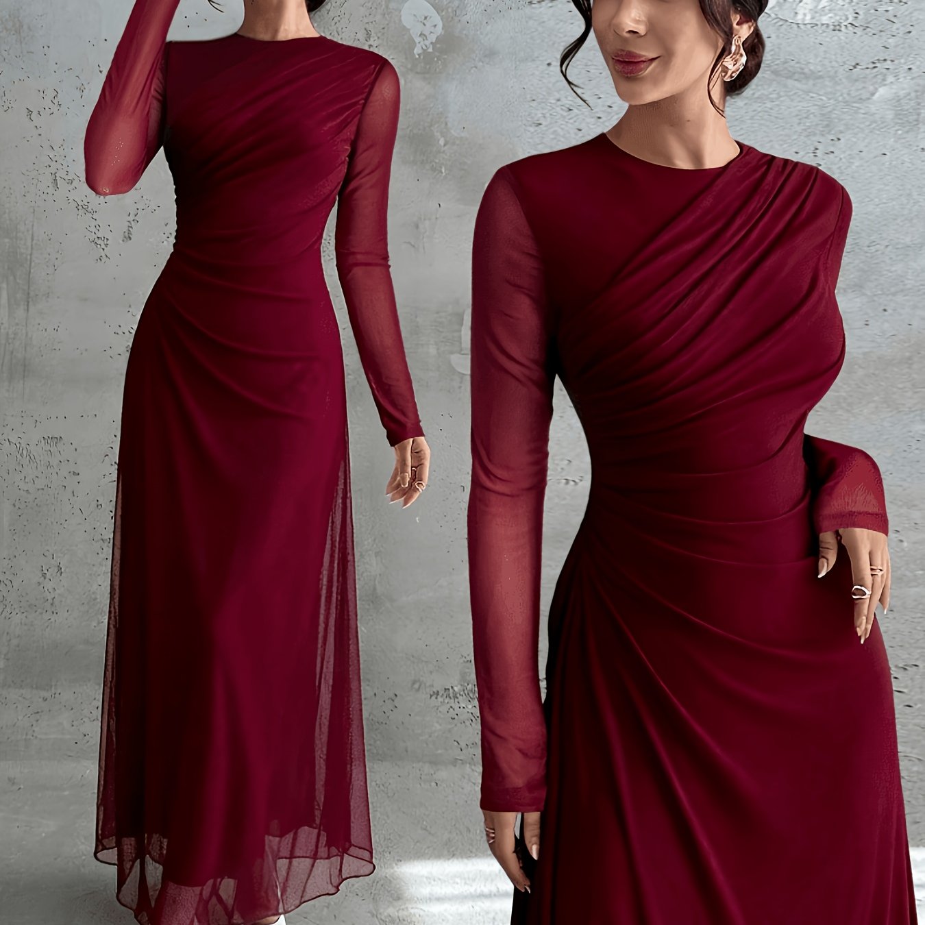 TEMU Women's Elegant Formal Office Casual Vacation Party Vintage Teacher Autumn Mesh Solid Color Round Neck Waist Pleated A-line Long Sleeve Maxi