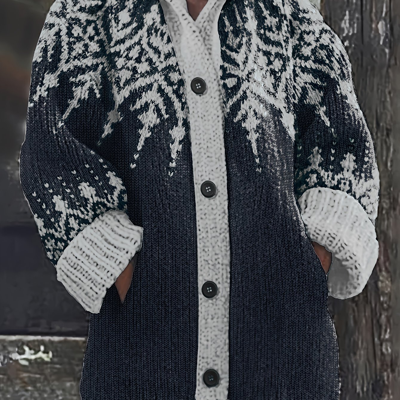 TEMU Plus Size, Women's Winter Elegant Fabric Oversized Outer, Soft Chunky Jacquard Snowflake Embroidery With Contrast Trim, Casual Fashionable